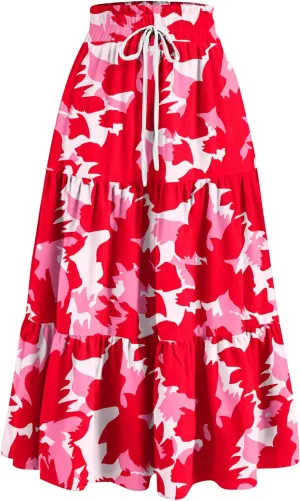 Maxi Skirts for Women Summer Boho Floral High Waisted Skirts Flowy Swing Pleated A-Line Beach Tiered Long Skirts