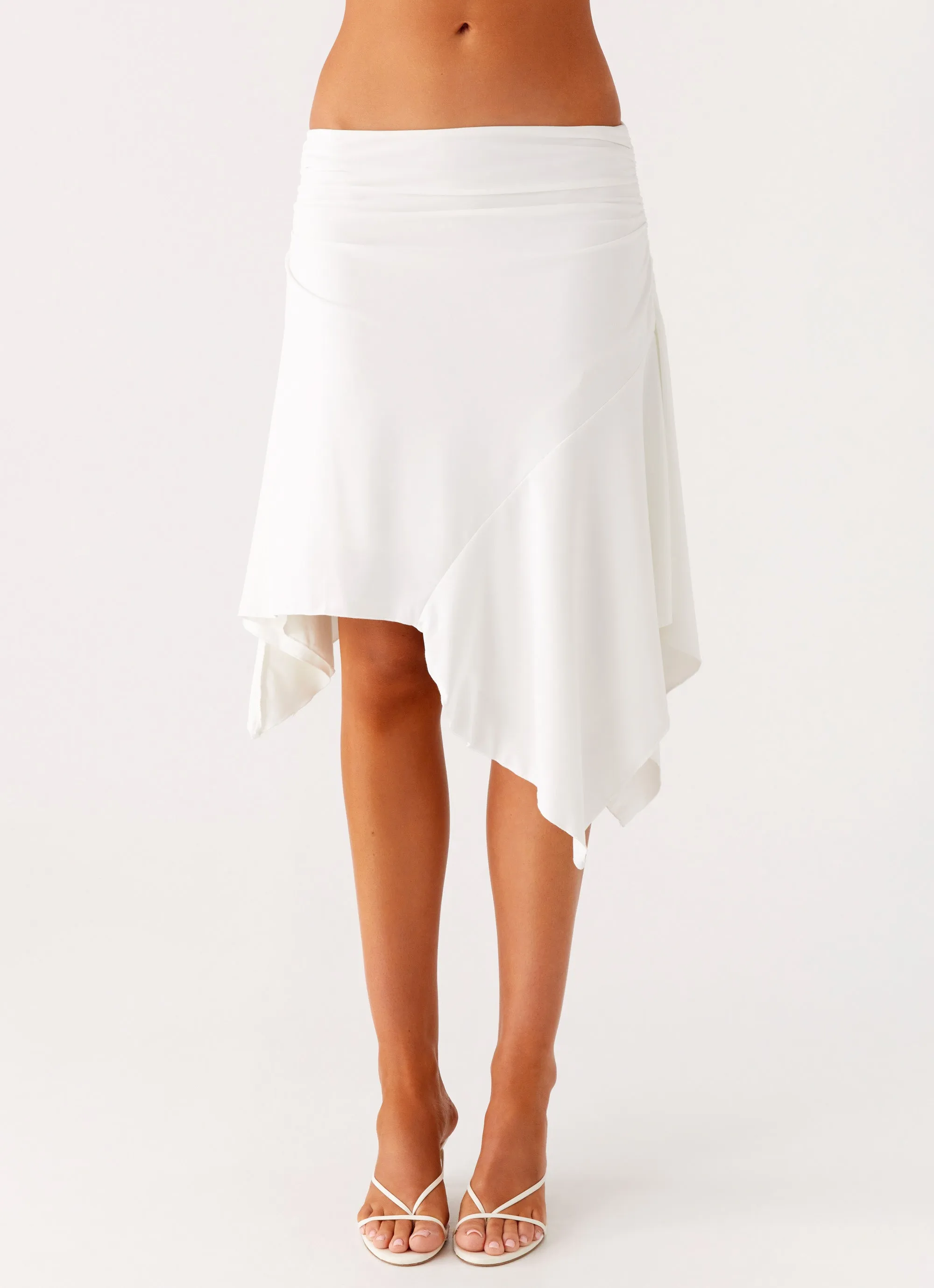 Cozy Stretch Fit Maxina Asymmetrical Midi Skirt - White