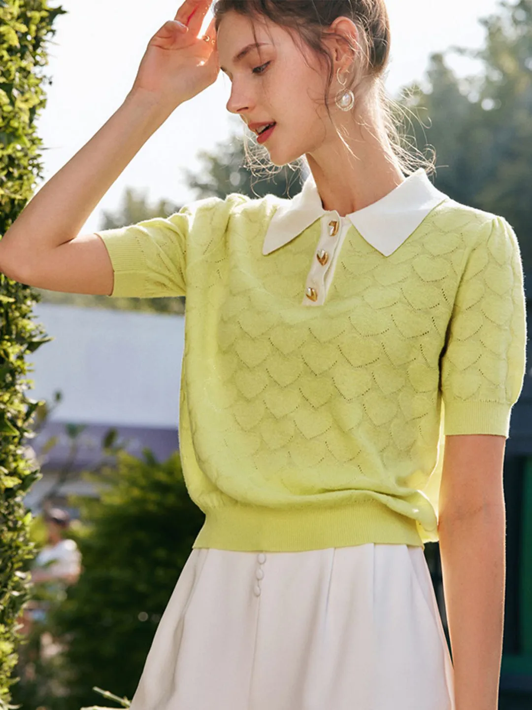 Maya Heart Polo Neck Puff Sleeve Knitted Tops