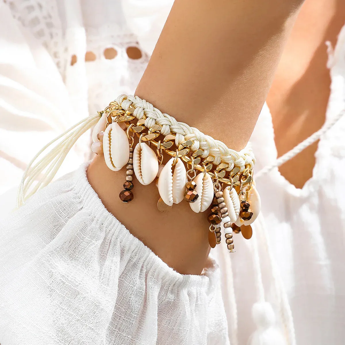 MAYTRENDS  -  Bohemian Handmade Woven Rope Chain Bracelets For Women Fashion Sweet Cool Shell Charm Bracelets Bangles Men Jewelry
