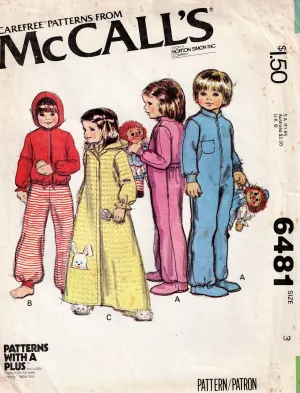 McCall's 6481 Childrens Footed Pyjamas Robe & Jacket with Monogram Transfer 1970s Vintage Sewing Pattern Size 3