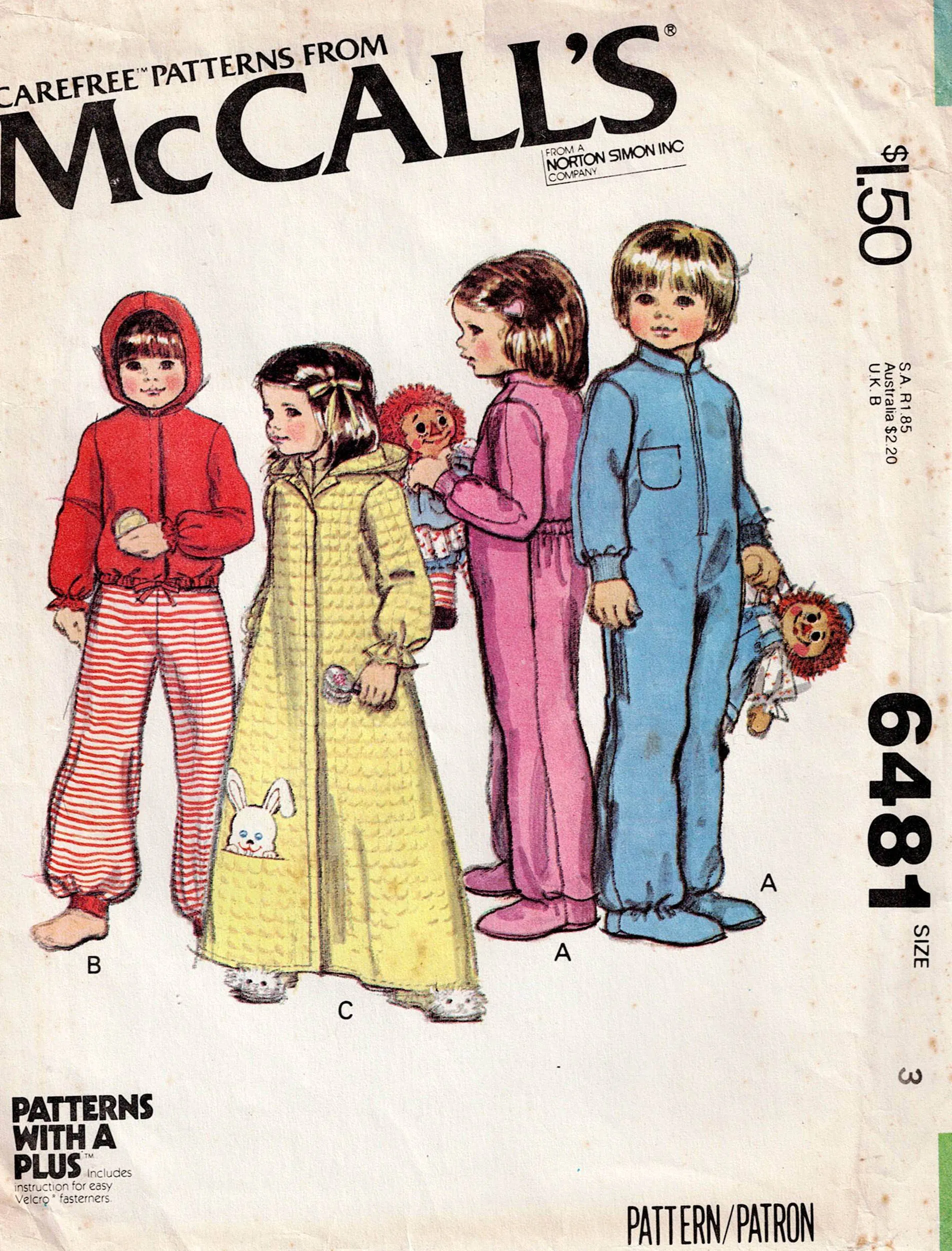 McCall's 6481 Childrens Footed Pyjamas Robe & Jacket with Monogram Transfer 1970s Vintage Sewing Pattern Size 3