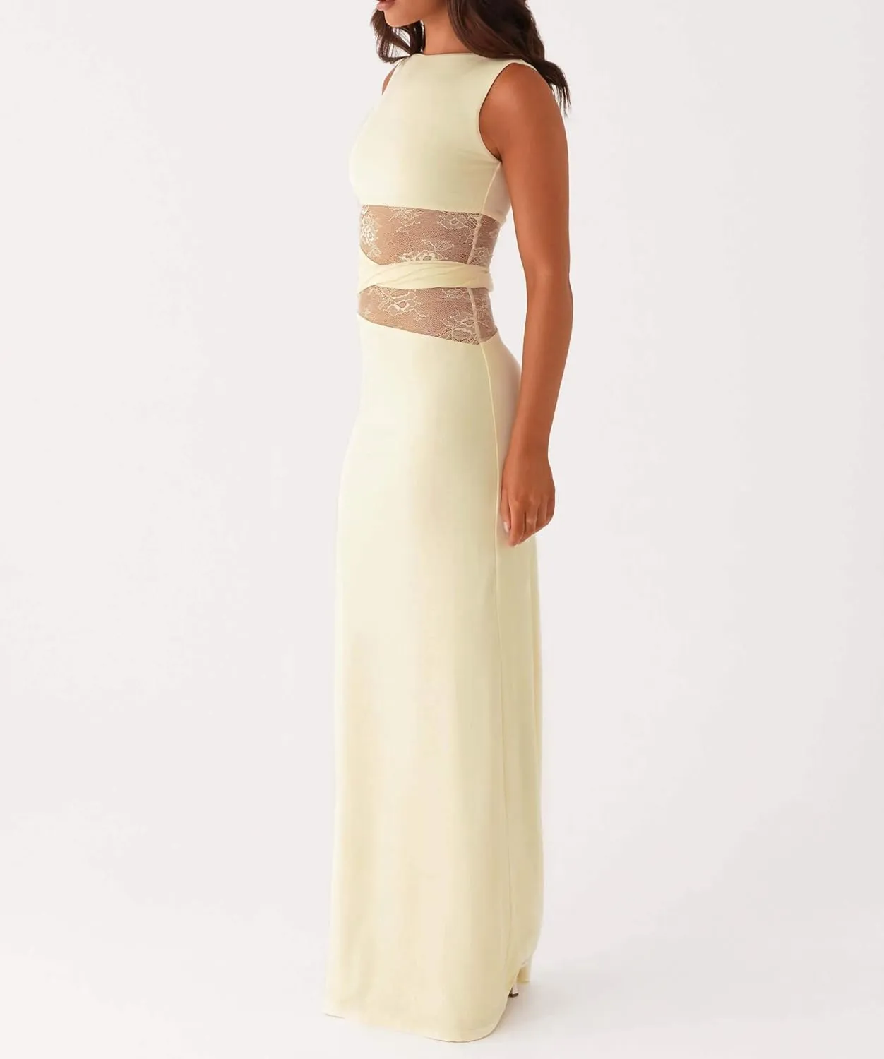 Meiweileya Elegant Bodycon Maxi Dresses for Women 2025 Backless Sleeveless Open Back Mesh Patchwork Cutout Tank Long Dress