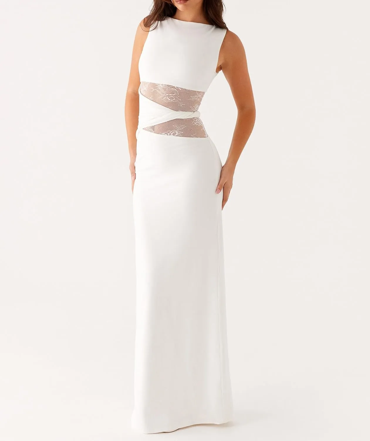 Meiweileya Elegant Bodycon Maxi Dresses for Women 2025 Backless Sleeveless Open Back Mesh Patchwork Cutout Tank Long Dress