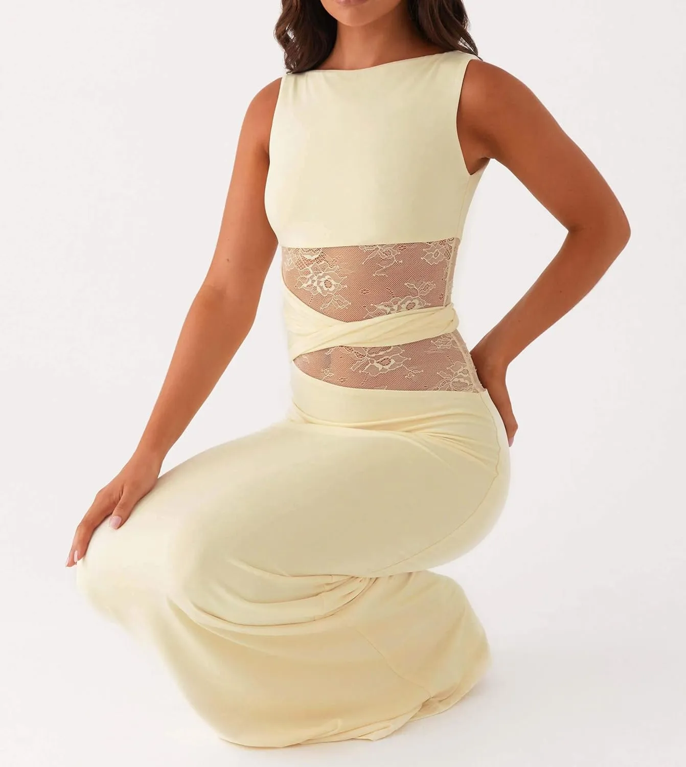 Meiweileya Elegant Bodycon Maxi Dresses for Women 2025 Backless Sleeveless Open Back Mesh Patchwork Cutout Tank Long Dress