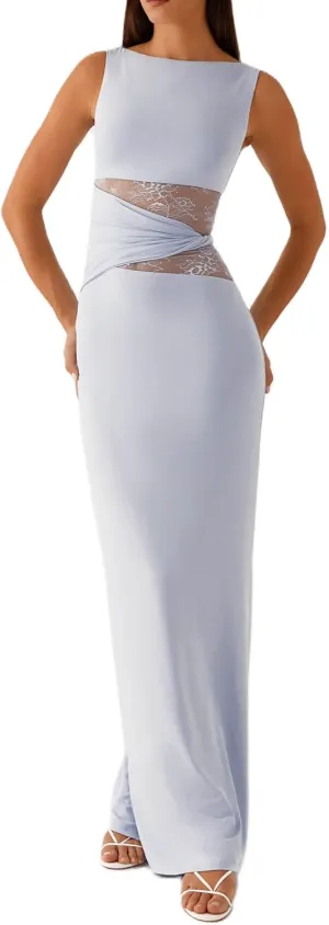 Meiweileya Elegant Bodycon Maxi Dresses for Women 2025 Backless Sleeveless Open Back Mesh Patchwork Cutout Tank Long Dress