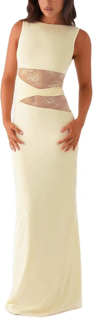 Meiweileya Elegant Bodycon Maxi Dresses for Women 2025 Backless Sleeveless Open Back Mesh Patchwork Cutout Tank Long Dress