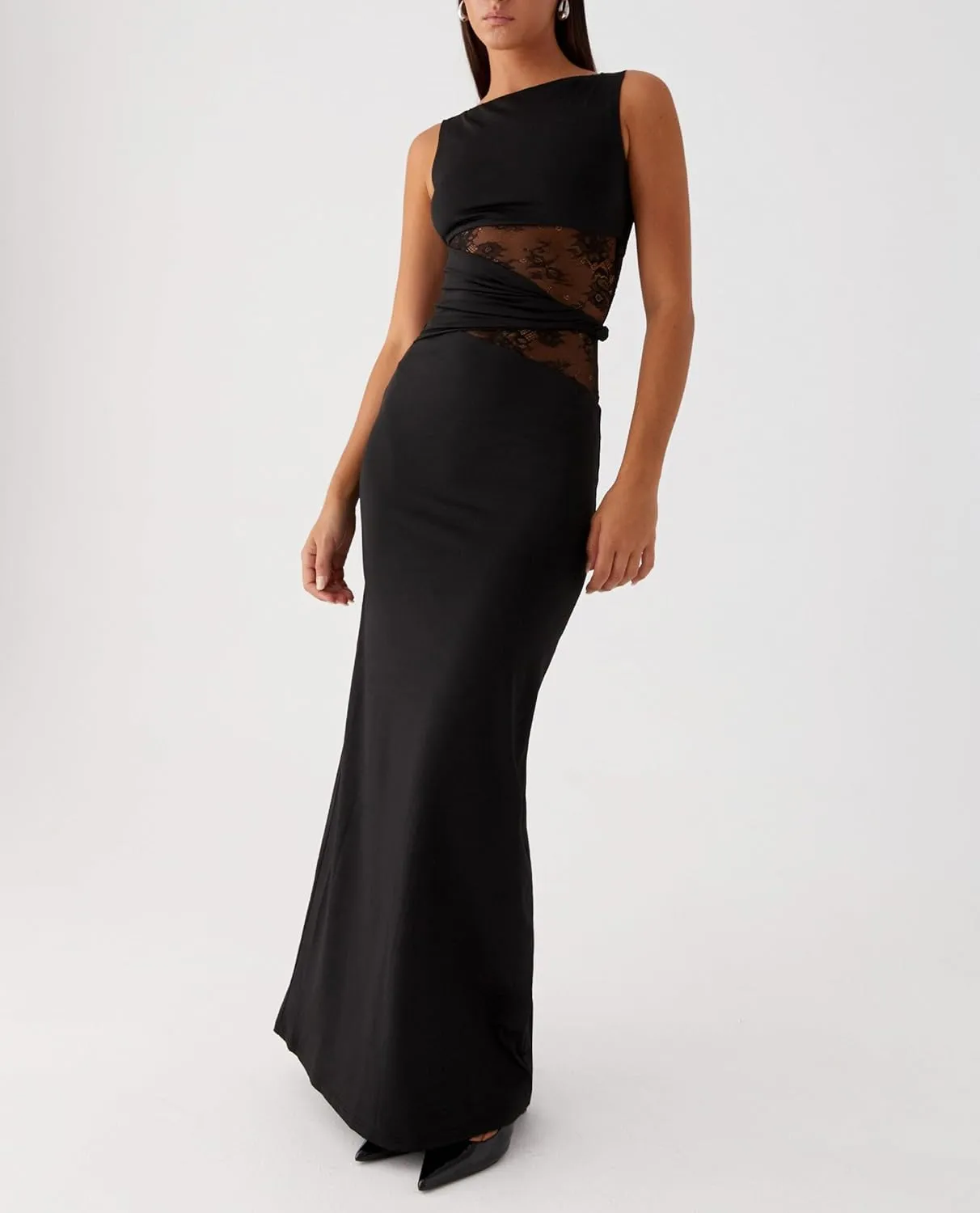 Meiweileya Elegant Bodycon Maxi Dresses for Women 2025 Backless Sleeveless Open Back Mesh Patchwork Cutout Tank Long Dress