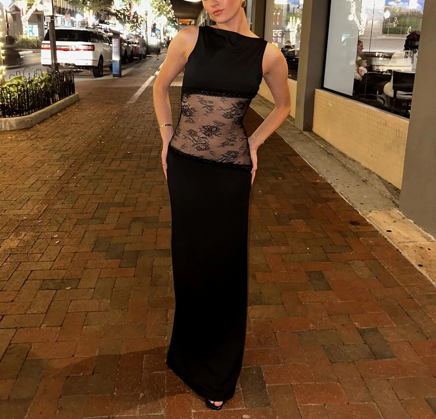 Meiweileya Elegant Bodycon Maxi Dresses for Women 2025 Backless Sleeveless Open Back Mesh Patchwork Cutout Tank Long Dress