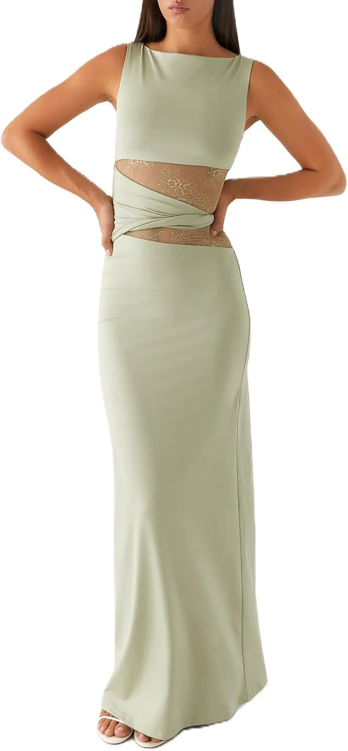 Meiweileya Elegant Bodycon Maxi Dresses for Women 2025 Backless Sleeveless Open Back Mesh Patchwork Cutout Tank Long Dress