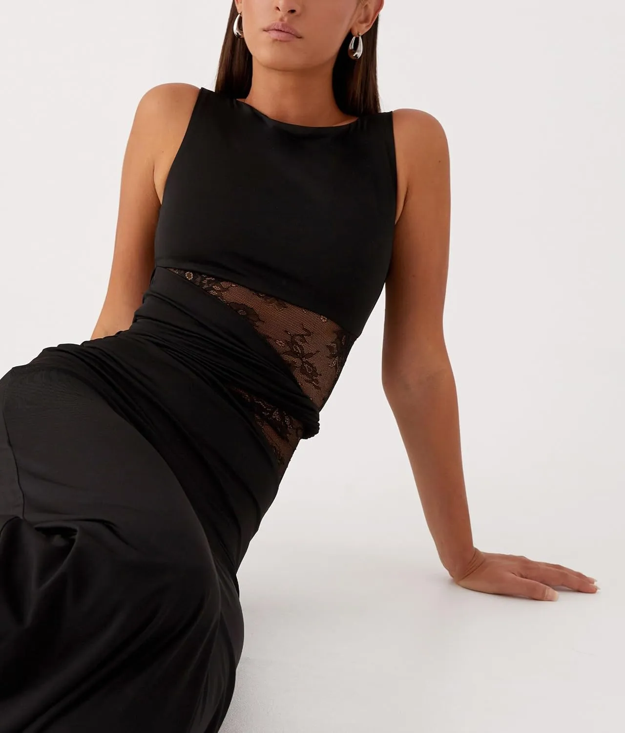 Meiweileya Elegant Bodycon Maxi Dresses for Women 2025 Backless Sleeveless Open Back Mesh Patchwork Cutout Tank Long Dress