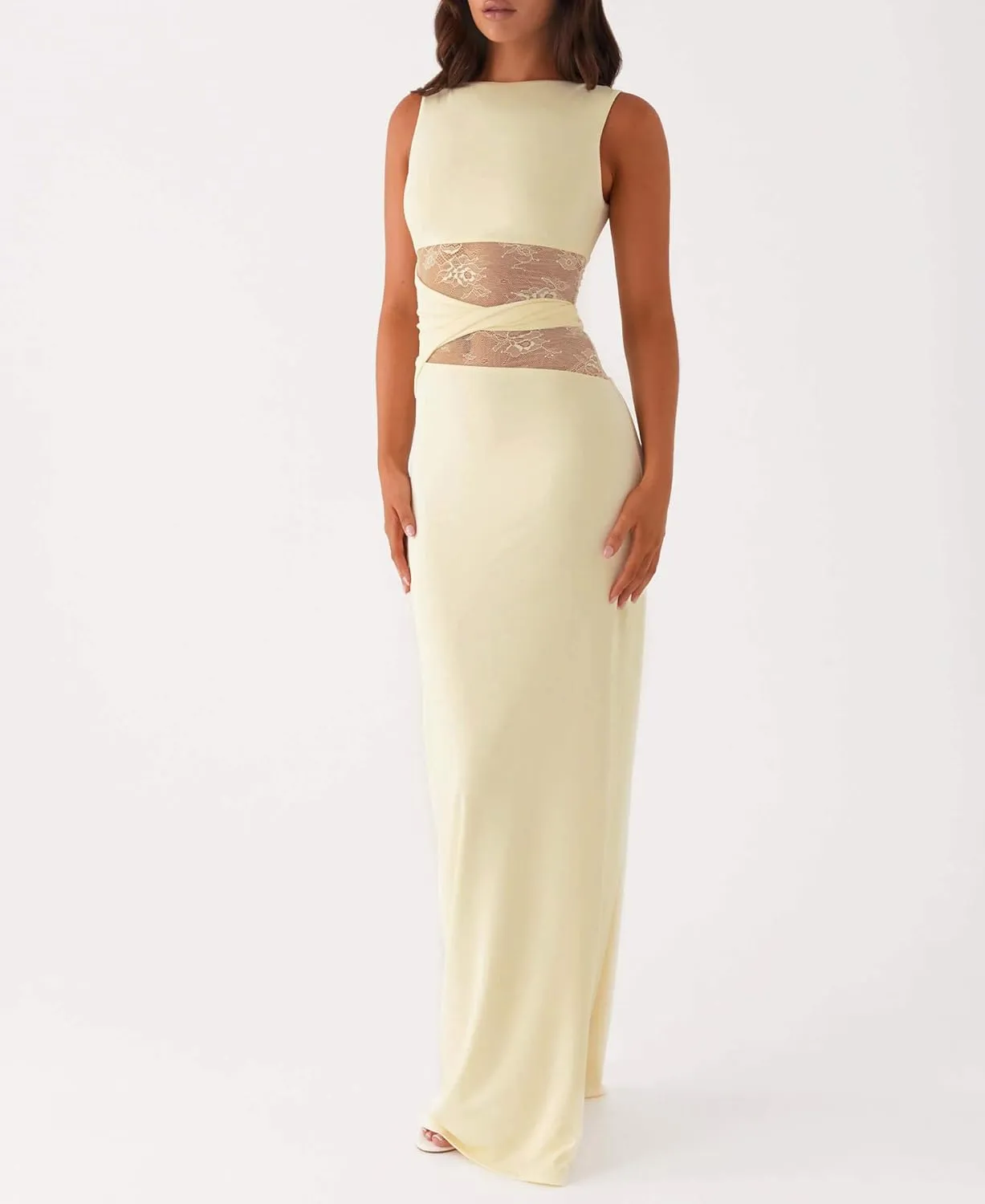 Meiweileya Elegant Bodycon Maxi Dresses for Women 2025 Backless Sleeveless Open Back Mesh Patchwork Cutout Tank Long Dress