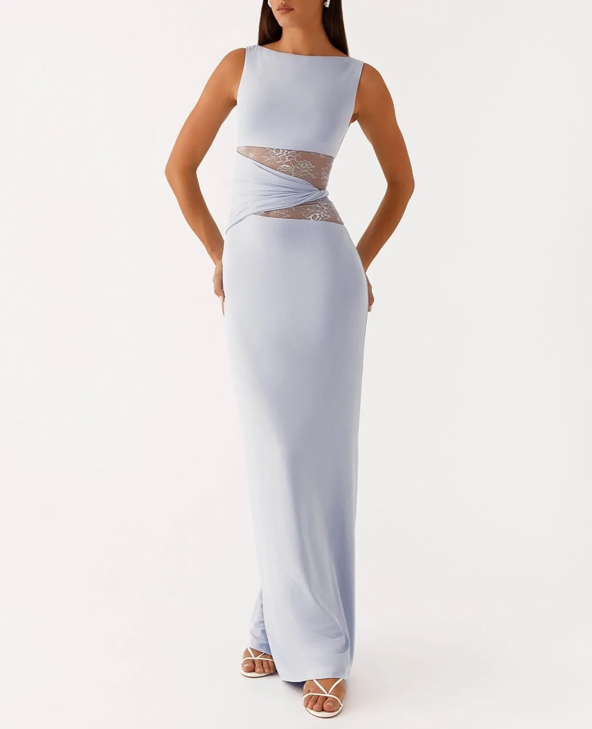 Meiweileya Elegant Bodycon Maxi Dresses for Women 2025 Backless Sleeveless Open Back Mesh Patchwork Cutout Tank Long Dress