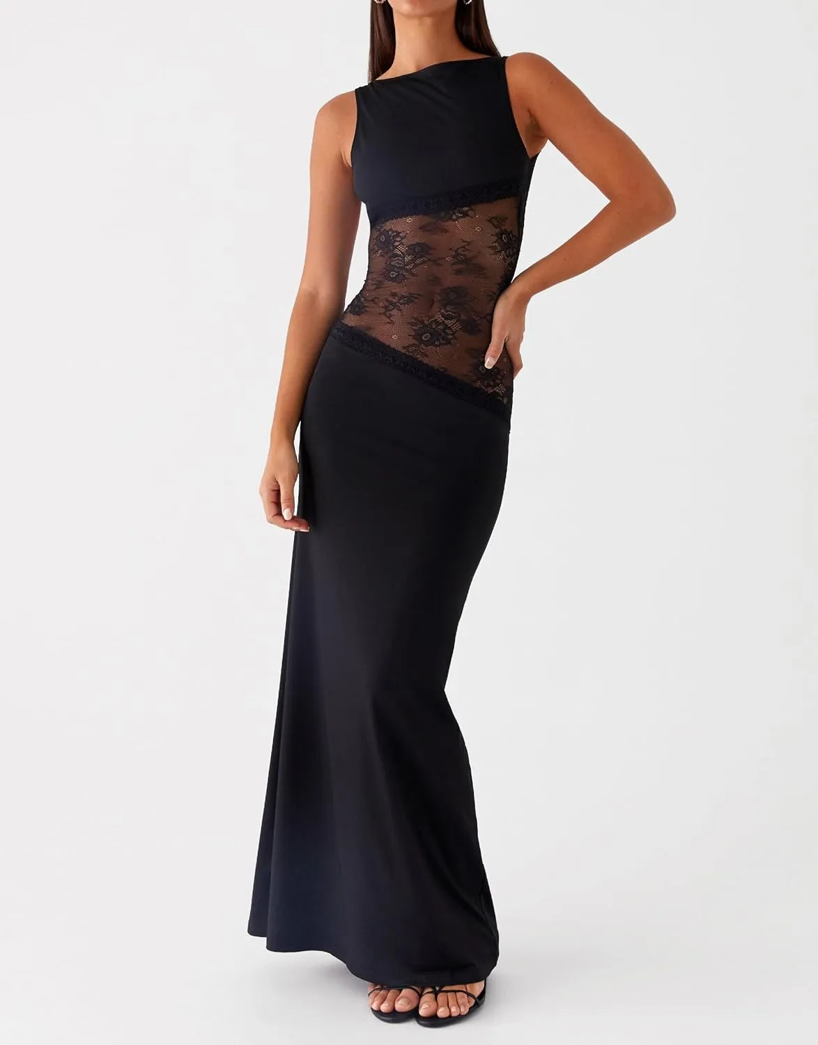 Meiweileya Elegant Bodycon Maxi Dresses for Women 2025 Backless Sleeveless Open Back Mesh Patchwork Cutout Tank Long Dress