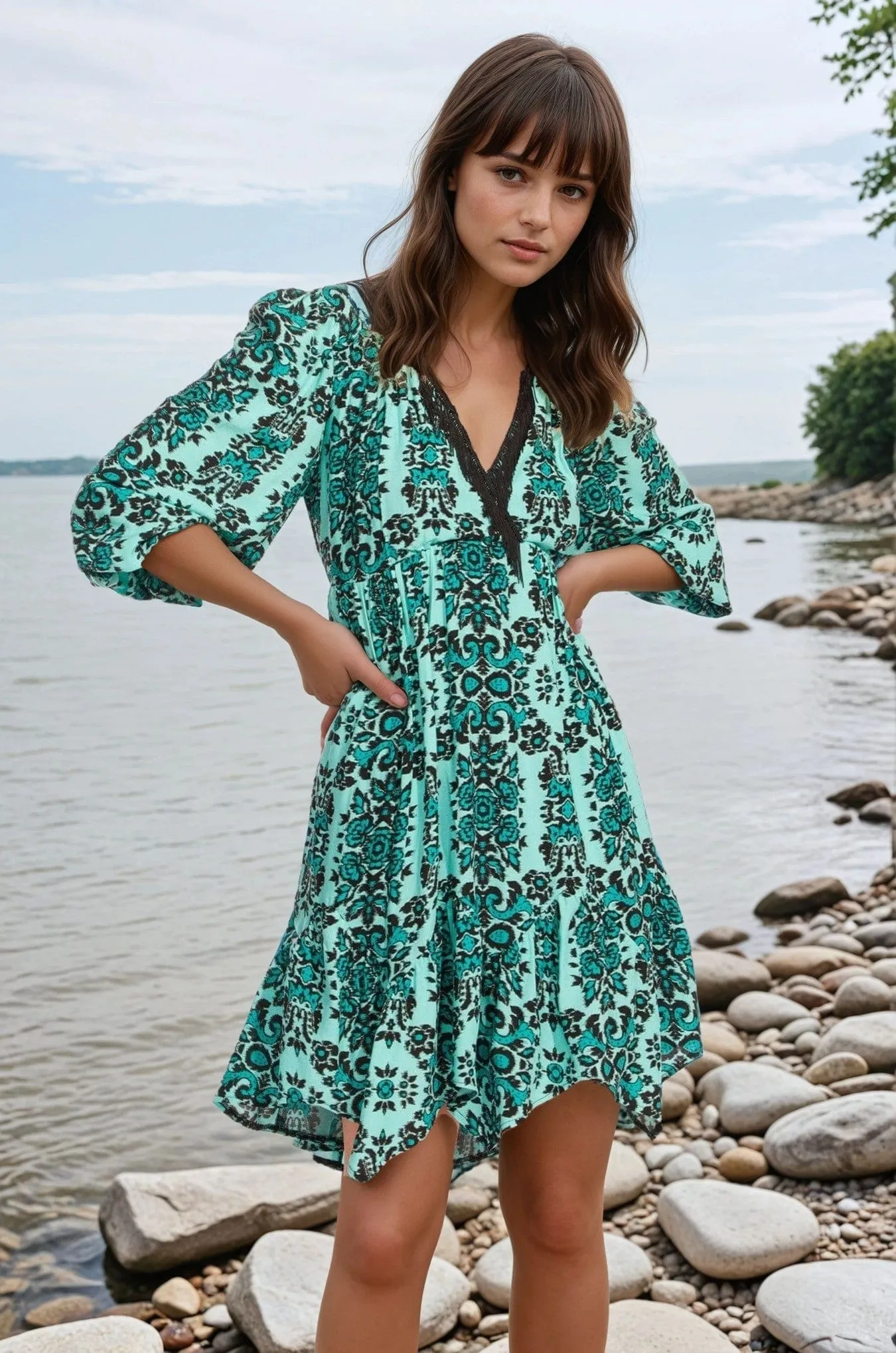 Melanie Dress - Mandala Teal Cool Finish Office Glam