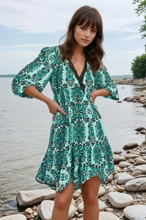 Melanie Dress - Mandala Teal Abstract print Melanie Dress - Mandala Teal Cool Finish Office Glam