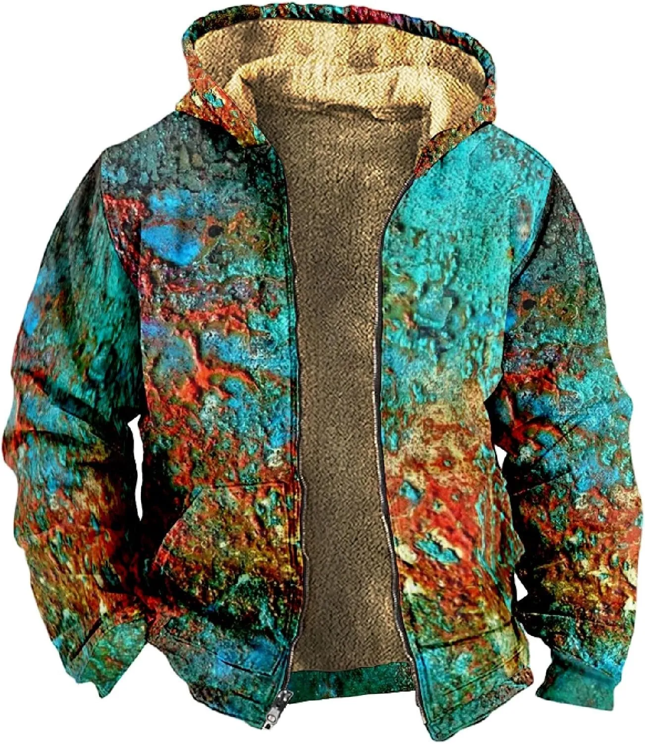 Men Coats Winter With Hood Fleece Lined Zipper Coat Heated Oversized Graphic Sport Jacket