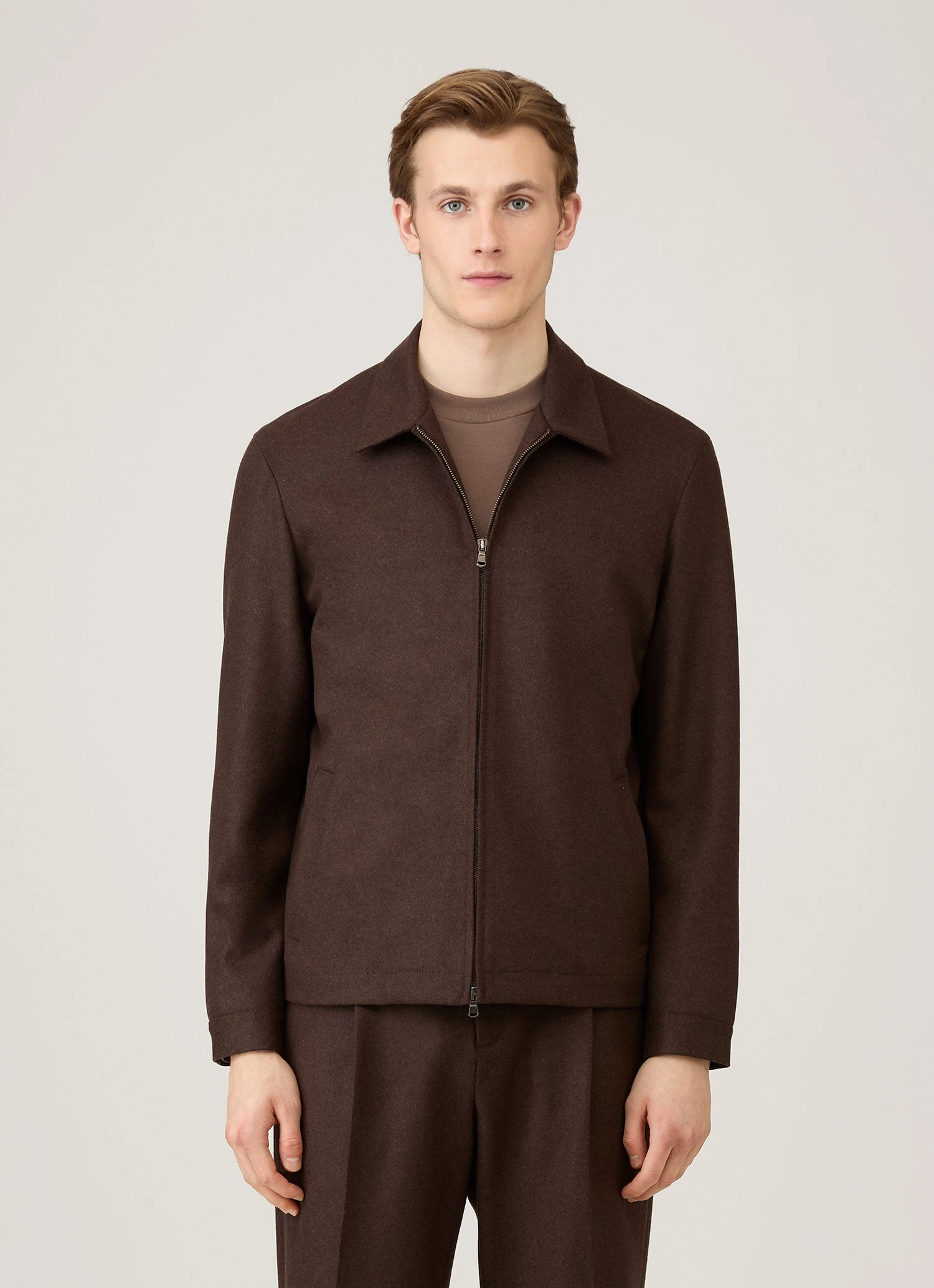 Loose-fit Men's Boiled Wool Harrington Jacket in Truffle