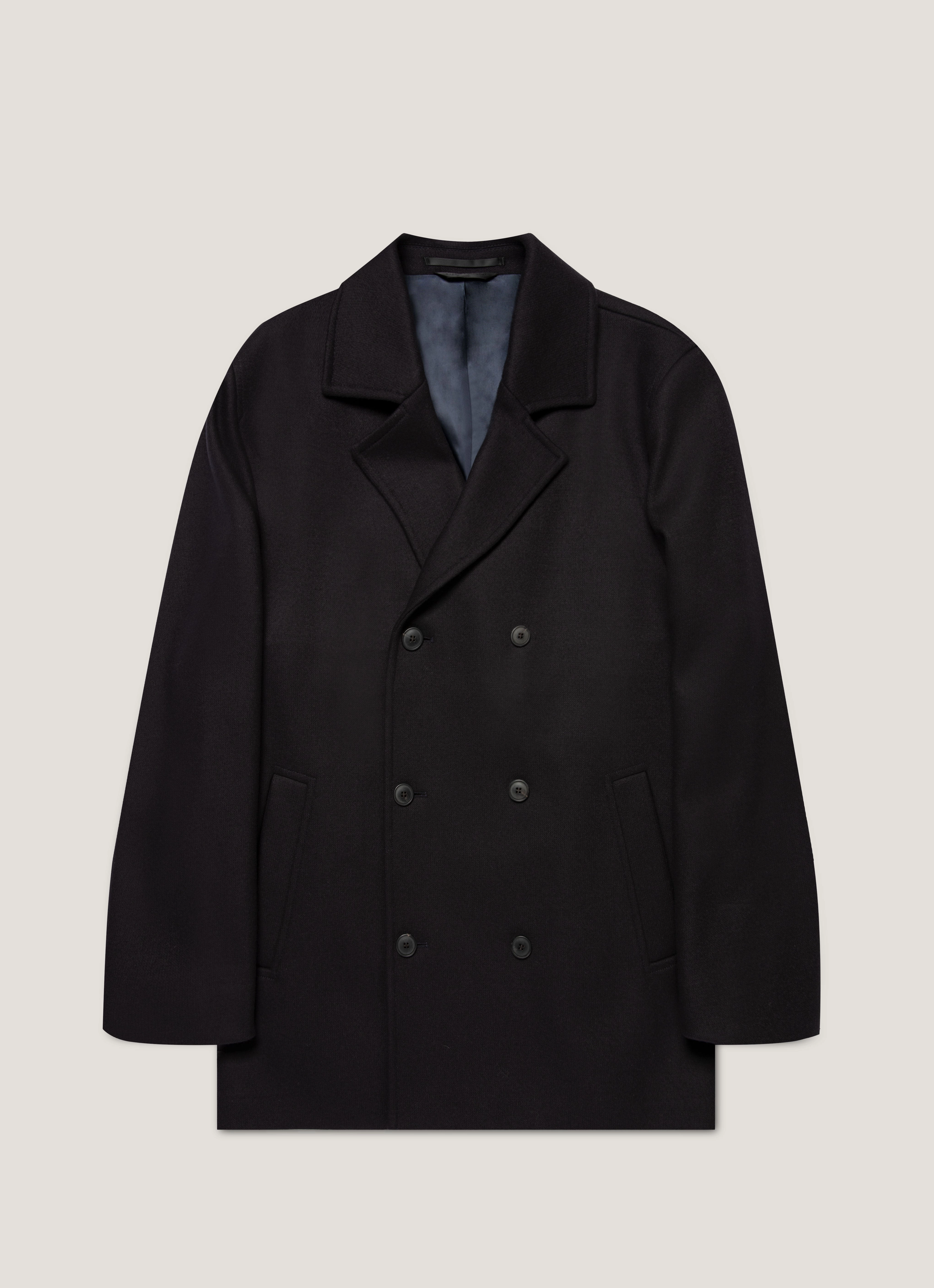 Heat Reflective Tech Men's Boiled Wool Pea Coat in Navy