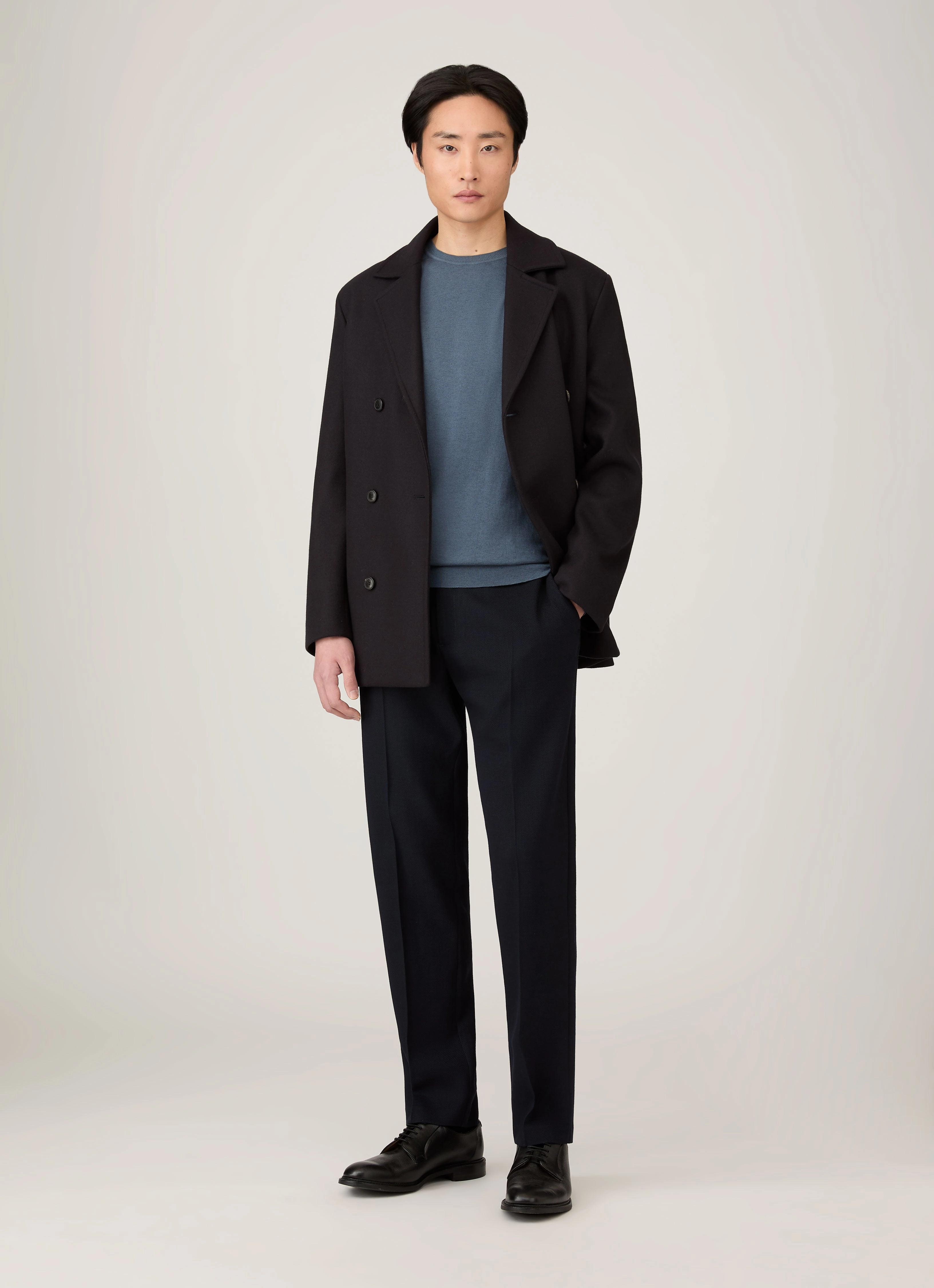 Men's Boiled Wool Pea Coat in Navy Streamlined Form Visa