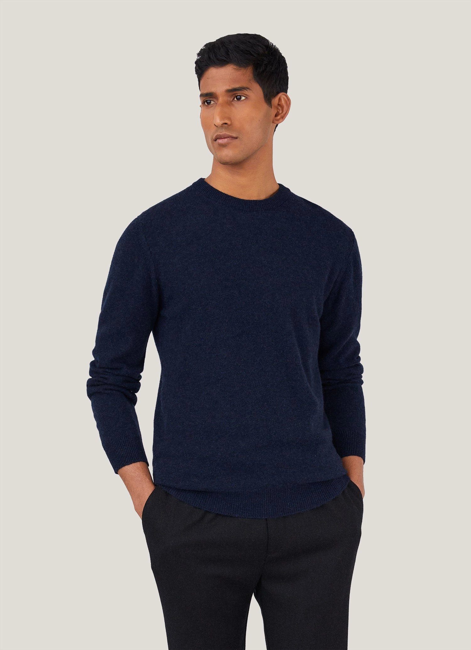 Layered Edge Trim Breathable Openwork Knit Men's Cashmere Crew Neck Jumper in Navy Melange