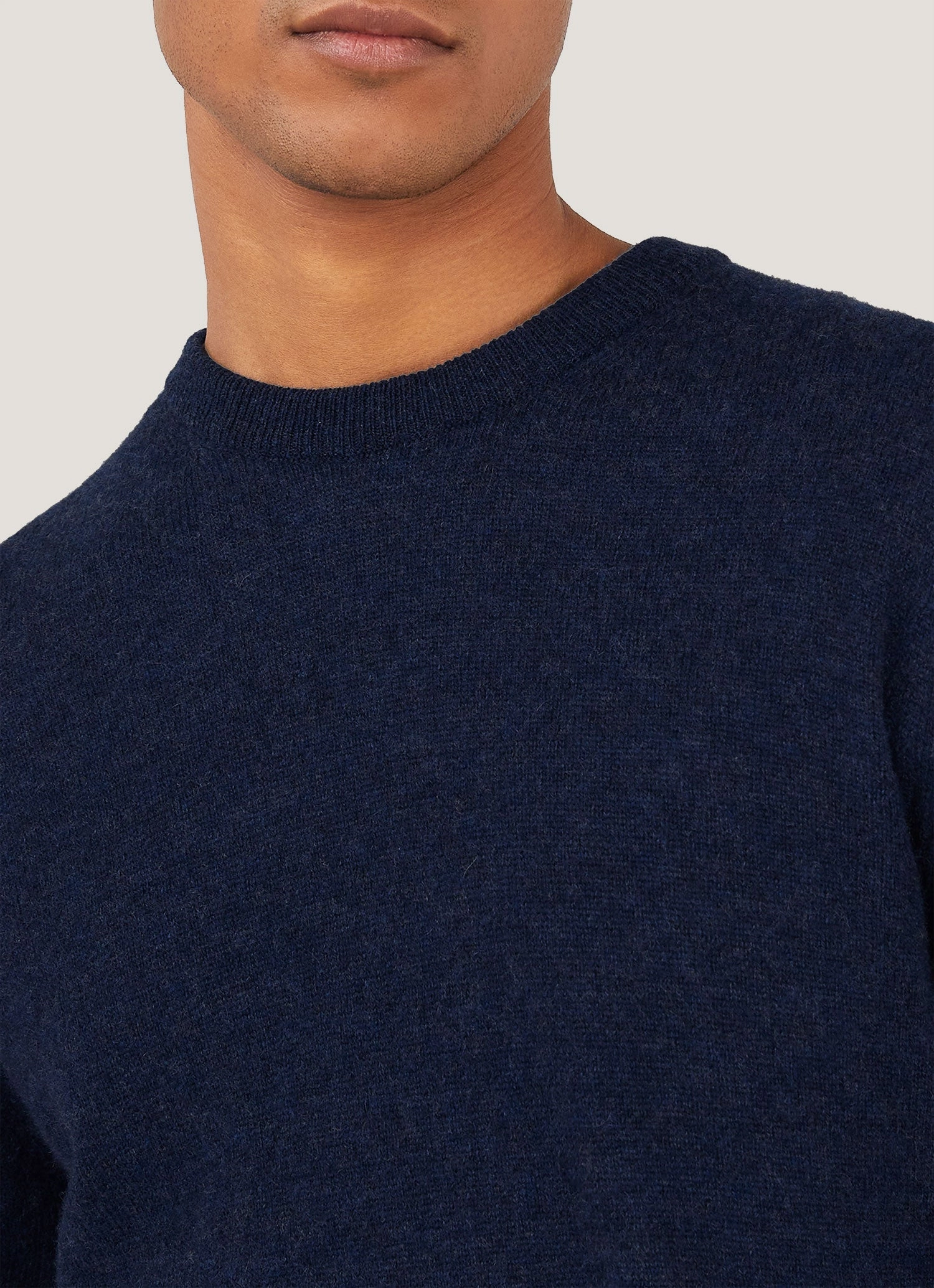 Men's Cashmere Crew Neck Jumper in Navy Melange SoftTouch Finish Layered Cable Pattern