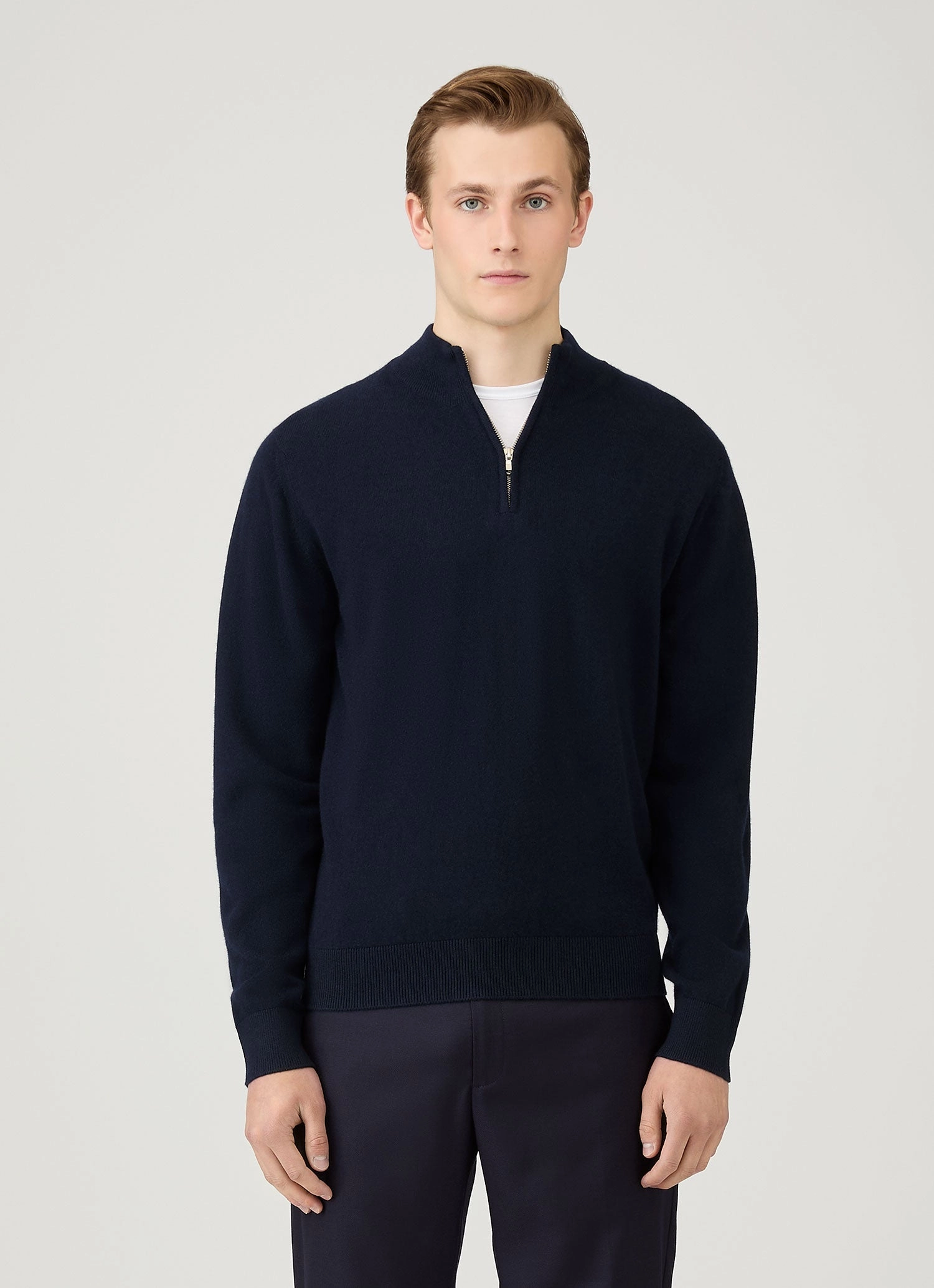 Men's Cashmere Zip Neck Jumper in Navy Cold Trend