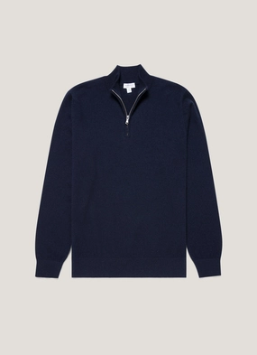 Men's Cashmere Zip Neck Jumper in Navy Breathable Warmth Seamless construction Men's Cashmere Zip Neck Jumper in Navy