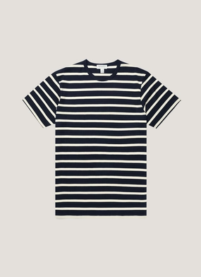 Men's Classic T-shirt in Navy/Ecru Breton Stripe Accessorize and enhance Men's Classic T-shirt in Navy/Ecru Breton Stripe Low Impact Processing Slim Fit Design
