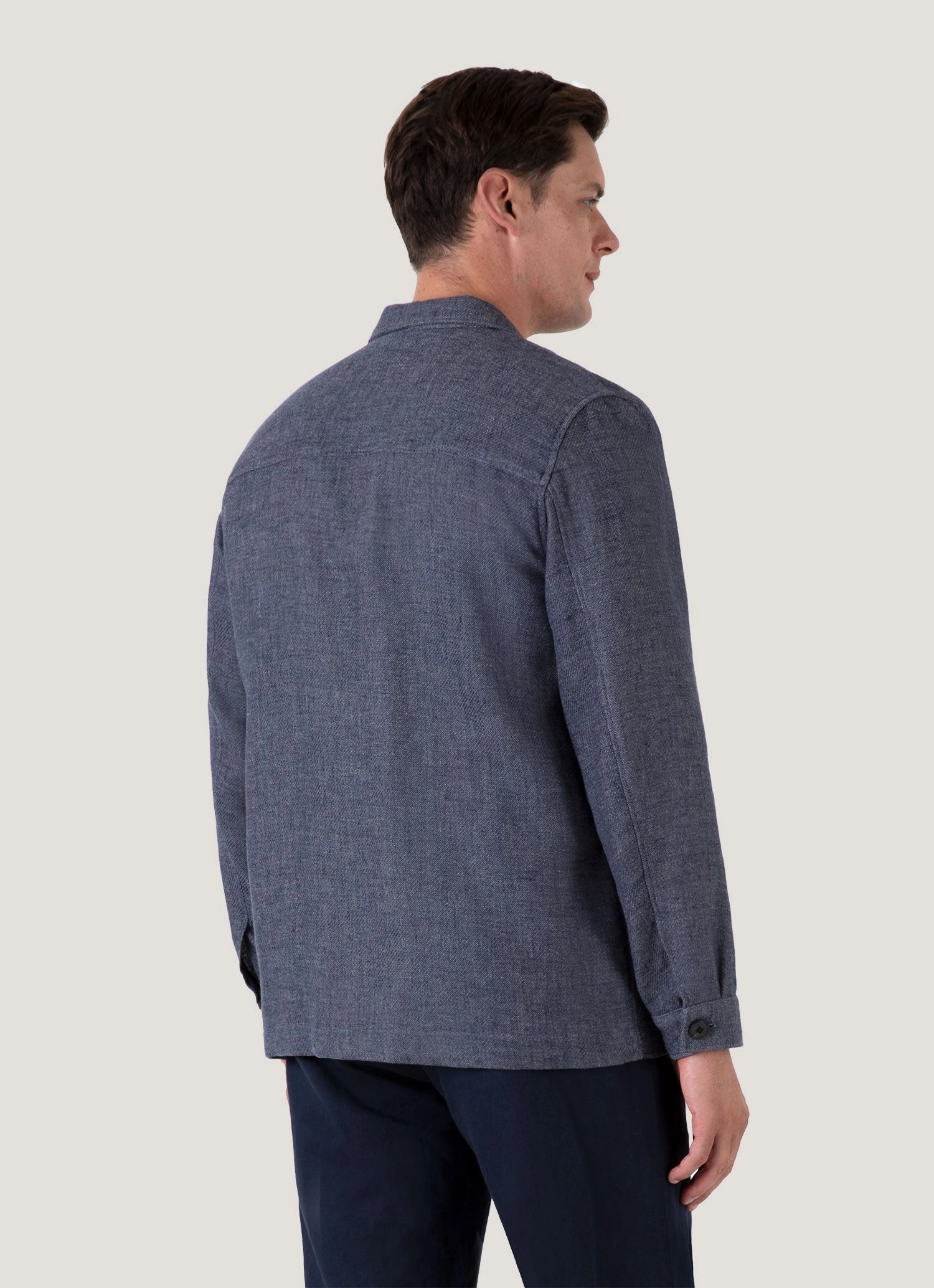 Men's Cotton Linen Twill Twin Pocket Jacket in Denim Blue Suspenders Layered Insulation