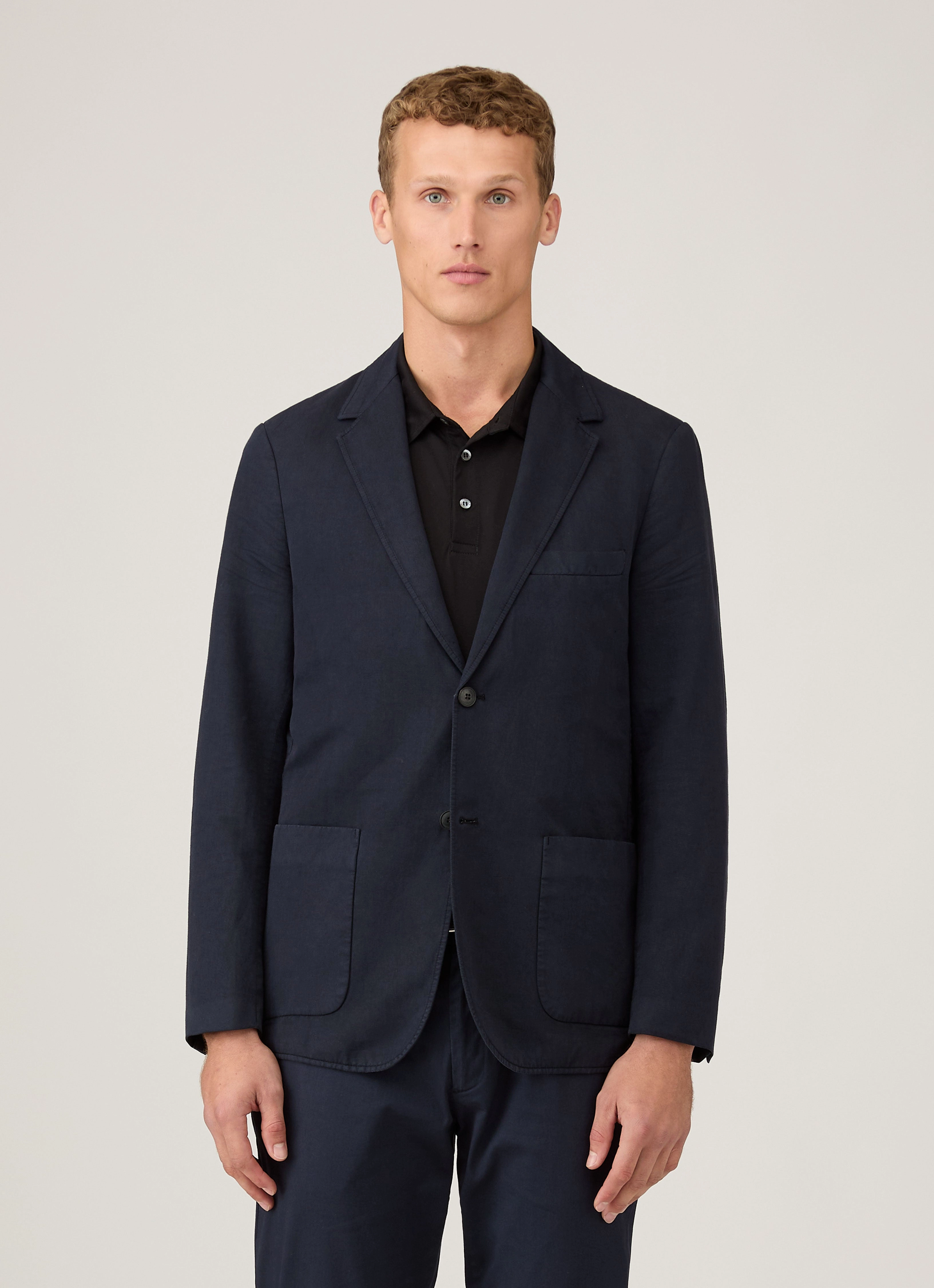 Double layer fabric Convertible Collar Men's Cotton Linen Unstructured Blazer in Navy