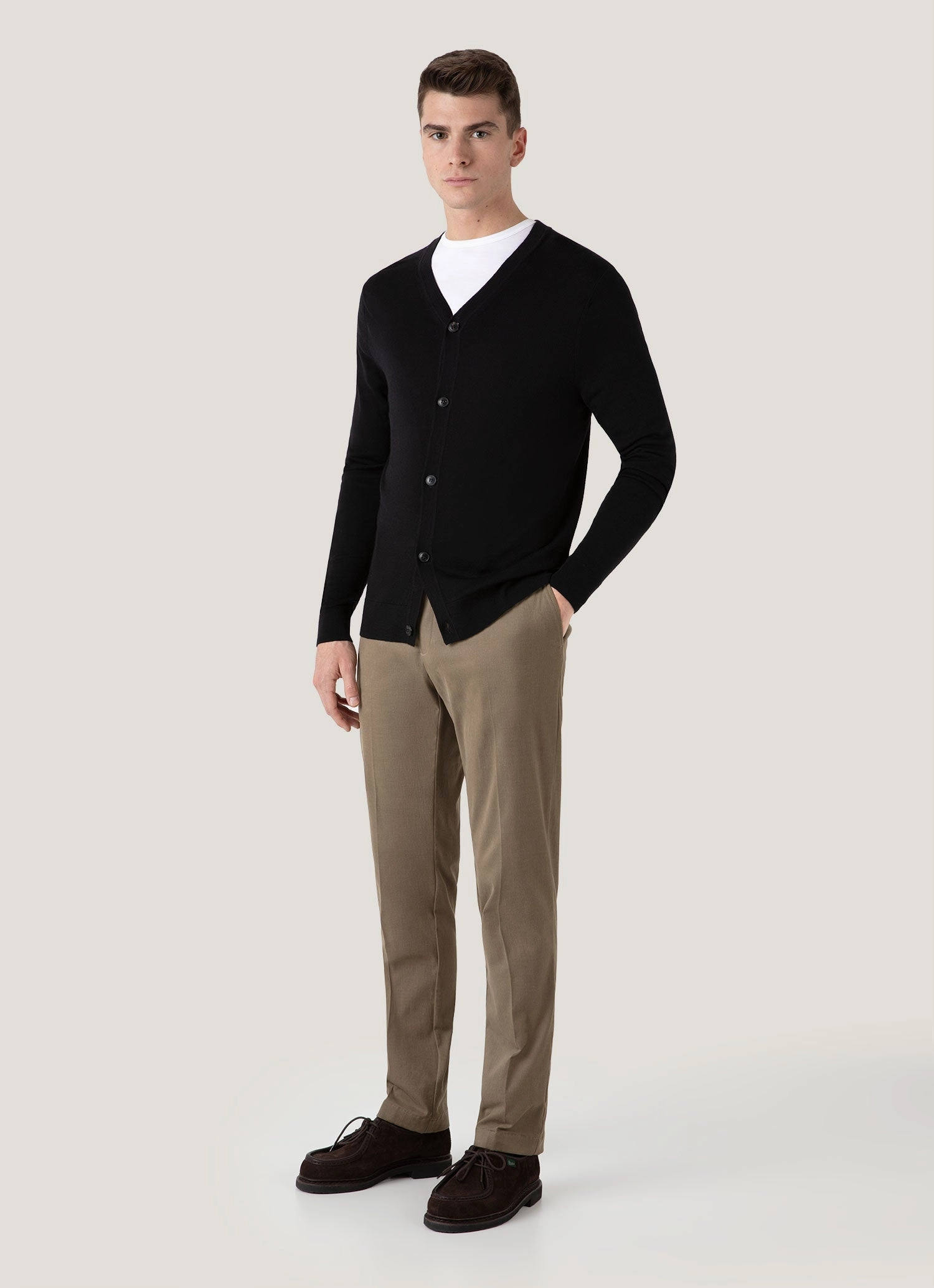 Men's Extra-Fine Merino Cardigan in Black Jacquard Weave