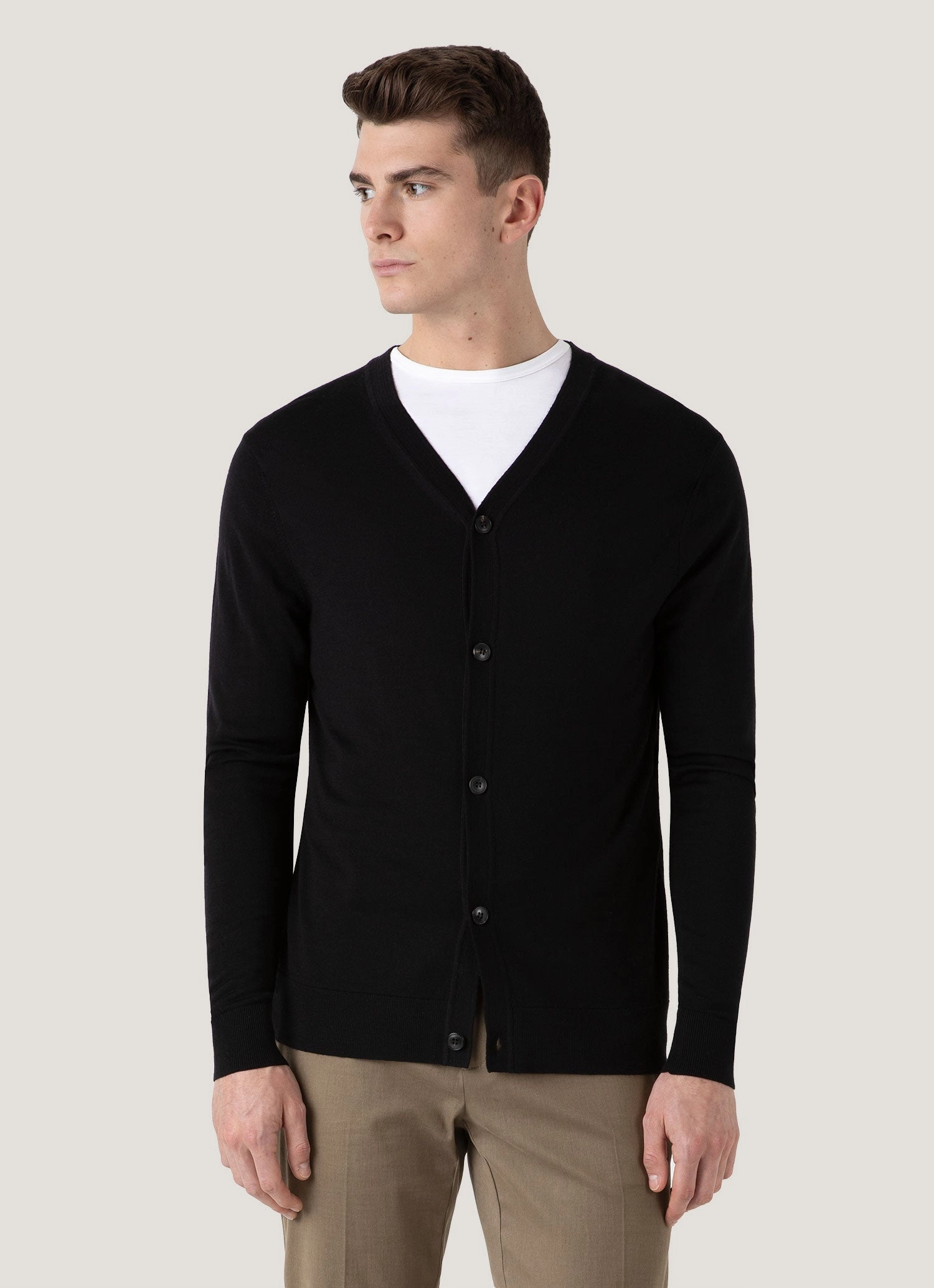 Men's Extra-Fine Merino Cardigan in Black Recycled Polyester Yarn