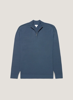 Men's Extra-Fine Merino Zip Neck in Slate Blue Non Irritating Men's Extra-Fine Merino Zip Neck in Slate Blue Layered Collar Option