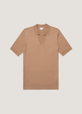 Men's Fine Rib Silk Cotton Polo Shirt in Dune PreShrunk Cotton Chic Shirt Men's Fine Rib Silk Cotton Polo Shirt in Dune