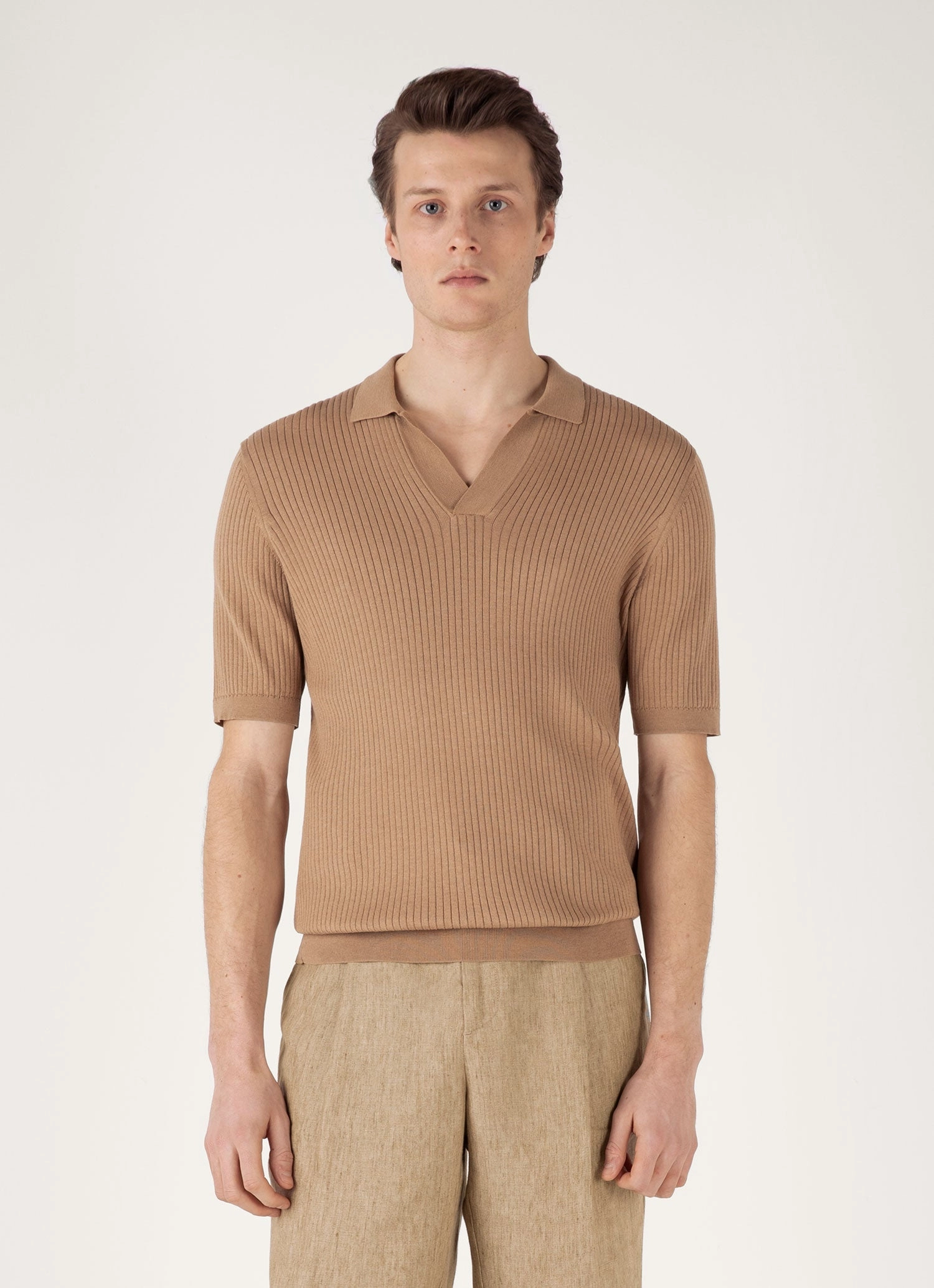 Men's Fine Rib Silk Cotton Polo Shirt in Dune Casual Style