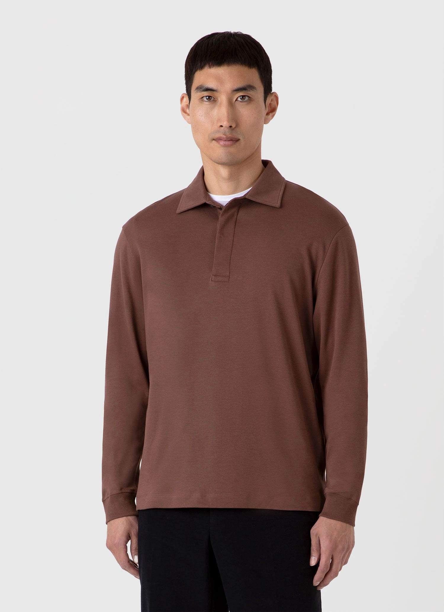 Barrel Cuff Design Fitted Top Men's Heavyweight Rugby Polo Shirt in Cocoa Brown