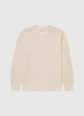 Men's Honeycomb Cotton Crew Neck Jumper in Ecru Layer Support Classic Casual Men's Honeycomb Cotton Crew Neck Jumper in Ecru
