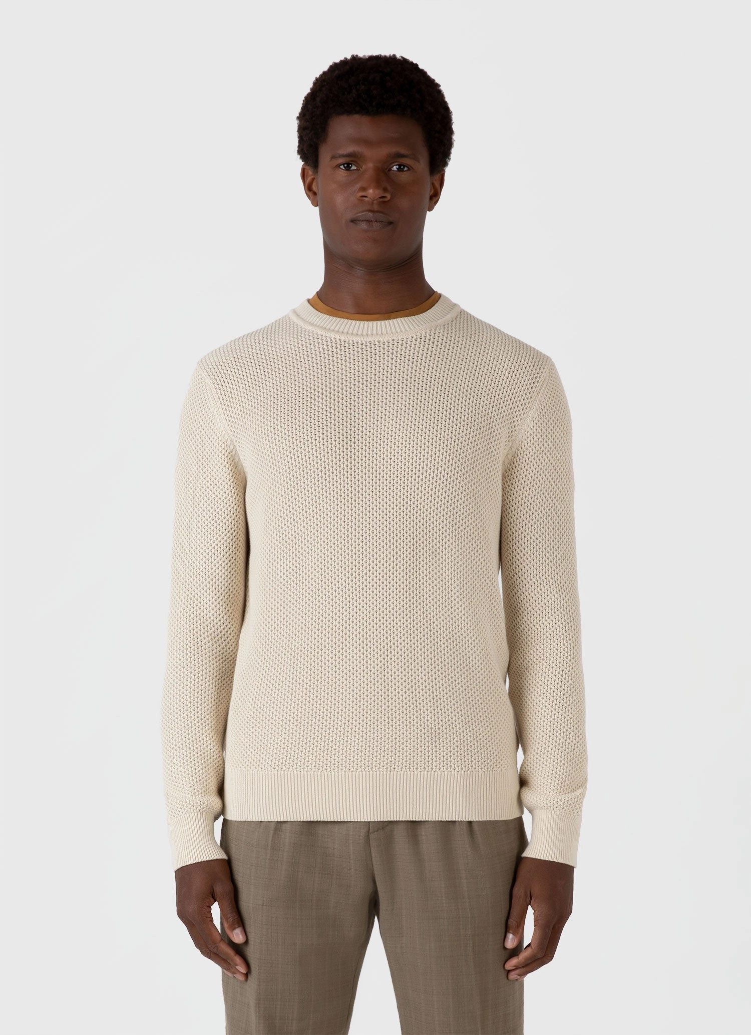 Smooth zipper closure Men's Honeycomb Cotton Crew Neck Jumper in Ecru