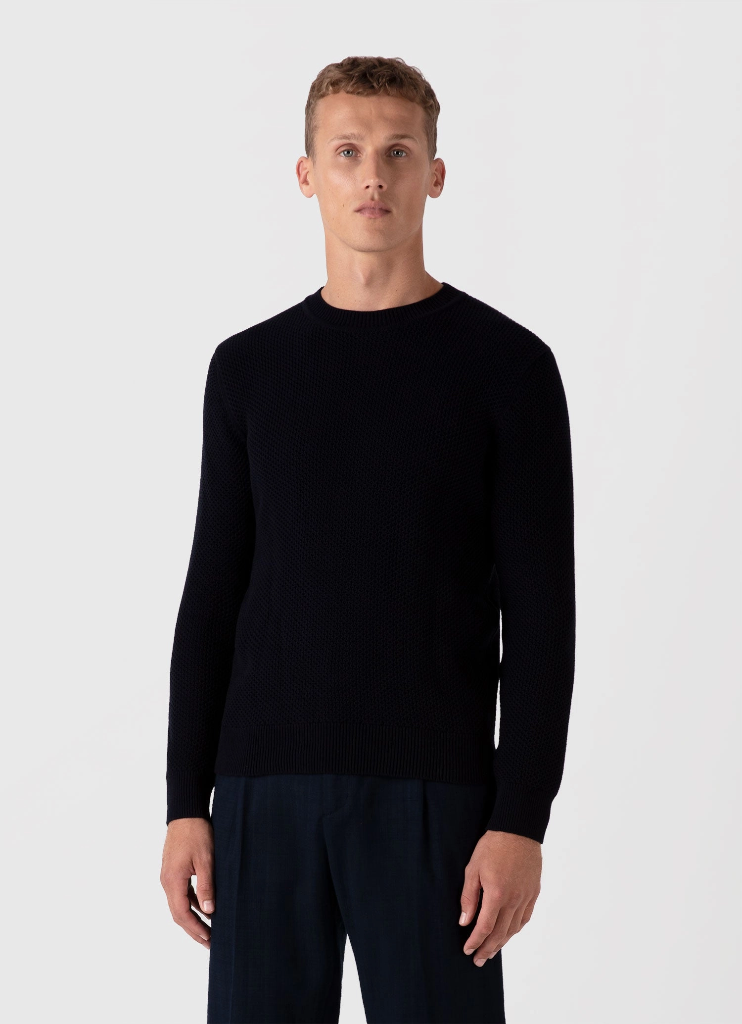 Breathable Mesh Paneling Men's Honeycomb Cotton Crew Neck Jumper in Navy