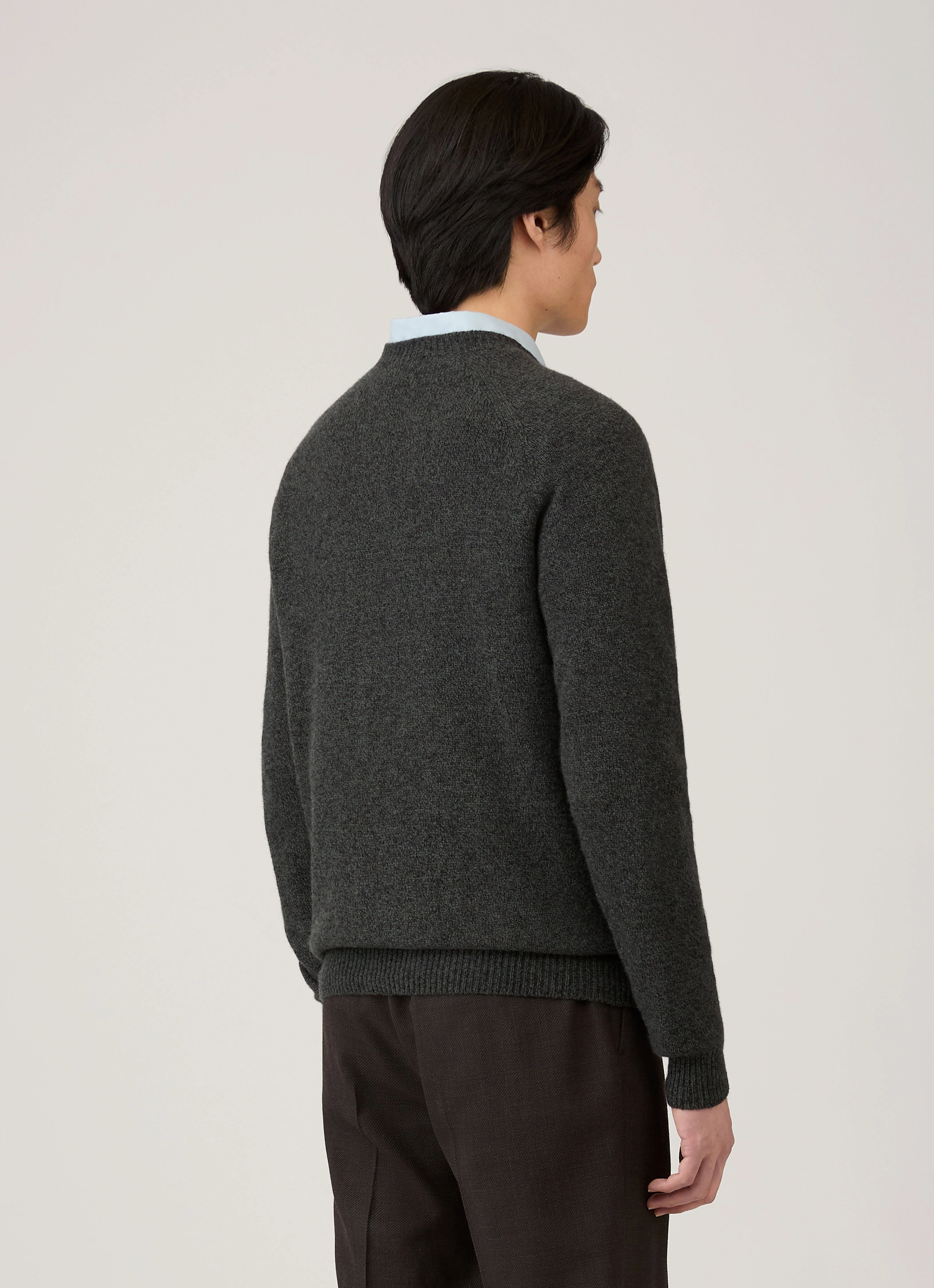 Men's Lambswool Crew Neck Jumper in Dark Green Twist Basic Layer GarmentDyed Finish