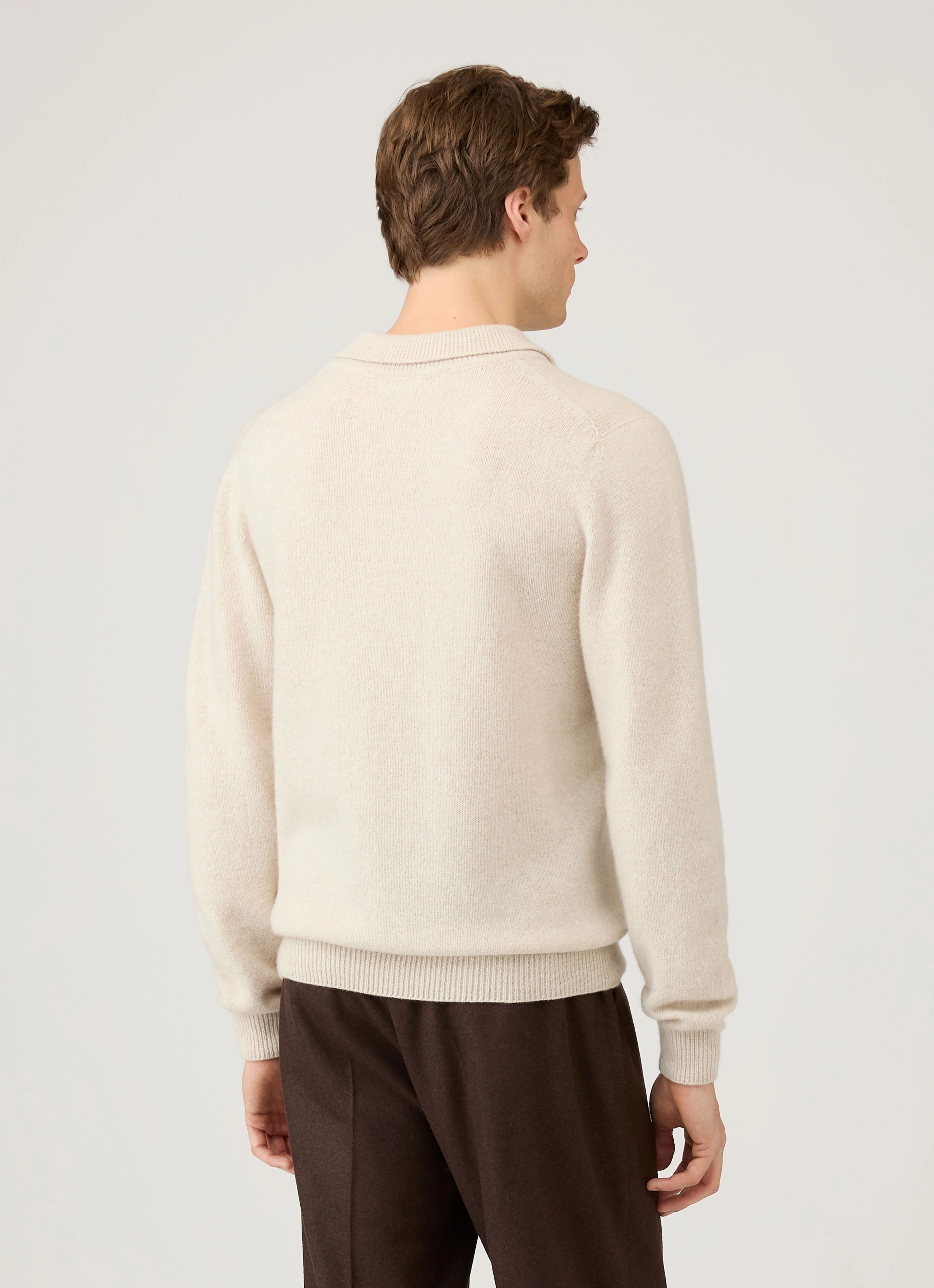 Men's Lambswool Polo Shirt in Oatmeal Melange Sweat Resistant Lining