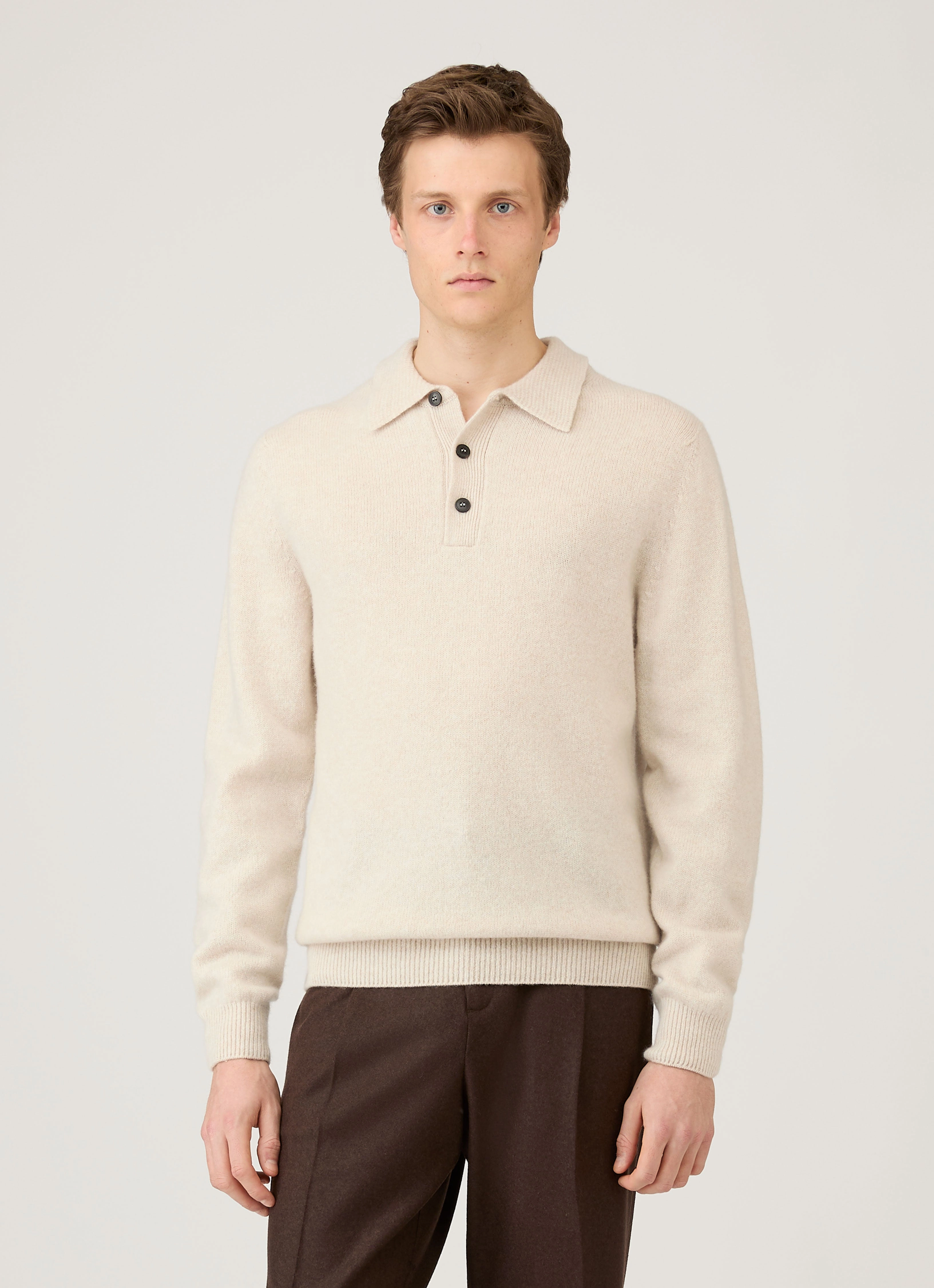 Men's Lambswool Polo Shirt in Oatmeal Melange Versatile Wardrobe Layered Collar Structure