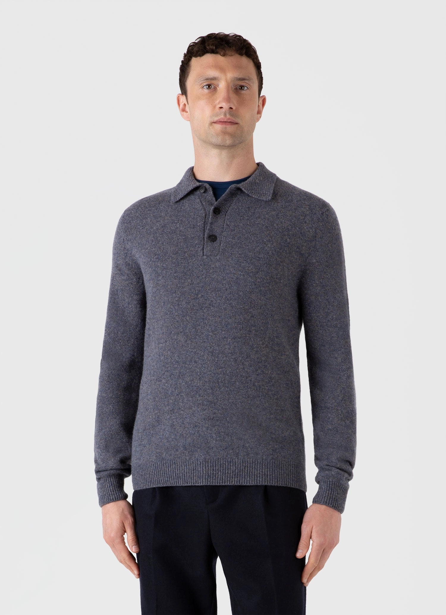 Men's Lambswool Polo Shirt in Slate Blue Twist Breathable Knitwear