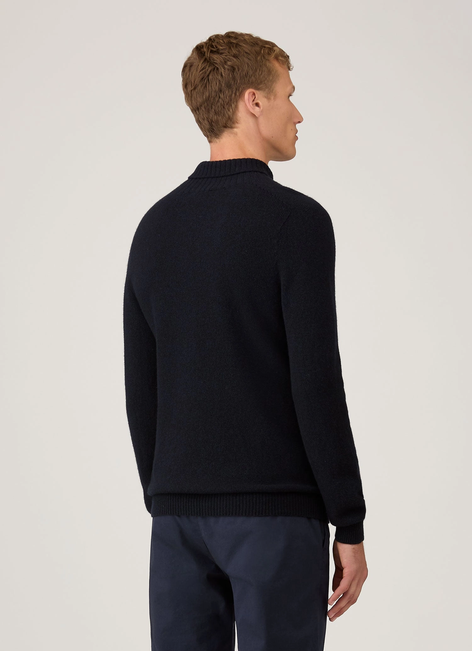 Men's Lambswool Roll Neck in Dark Navy Mouline Lightweight Knit Hand Linked Seams