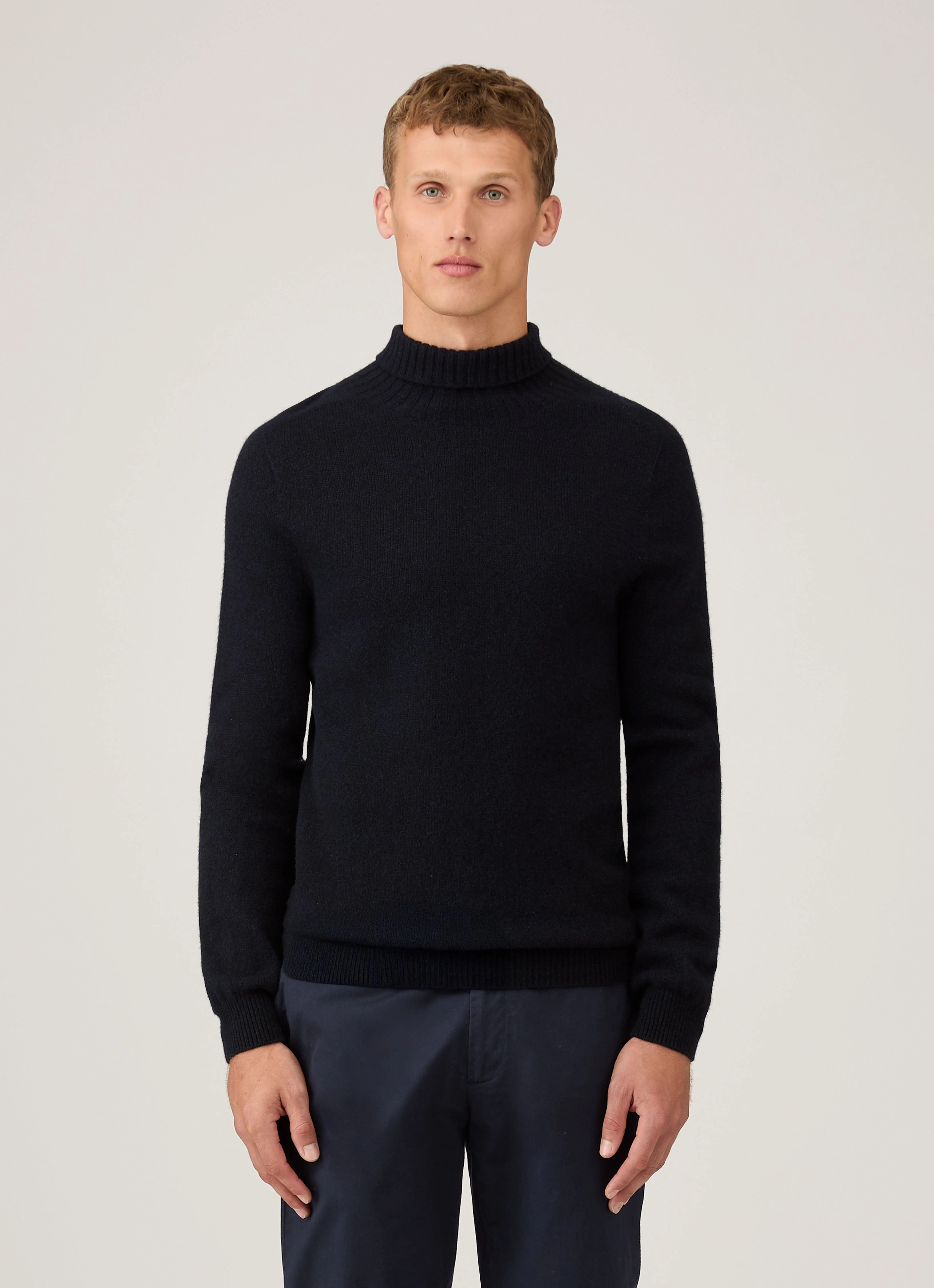 Men's Lambswool Roll Neck in Dark Navy Mouline Neutral Look Stretchable Cuffs