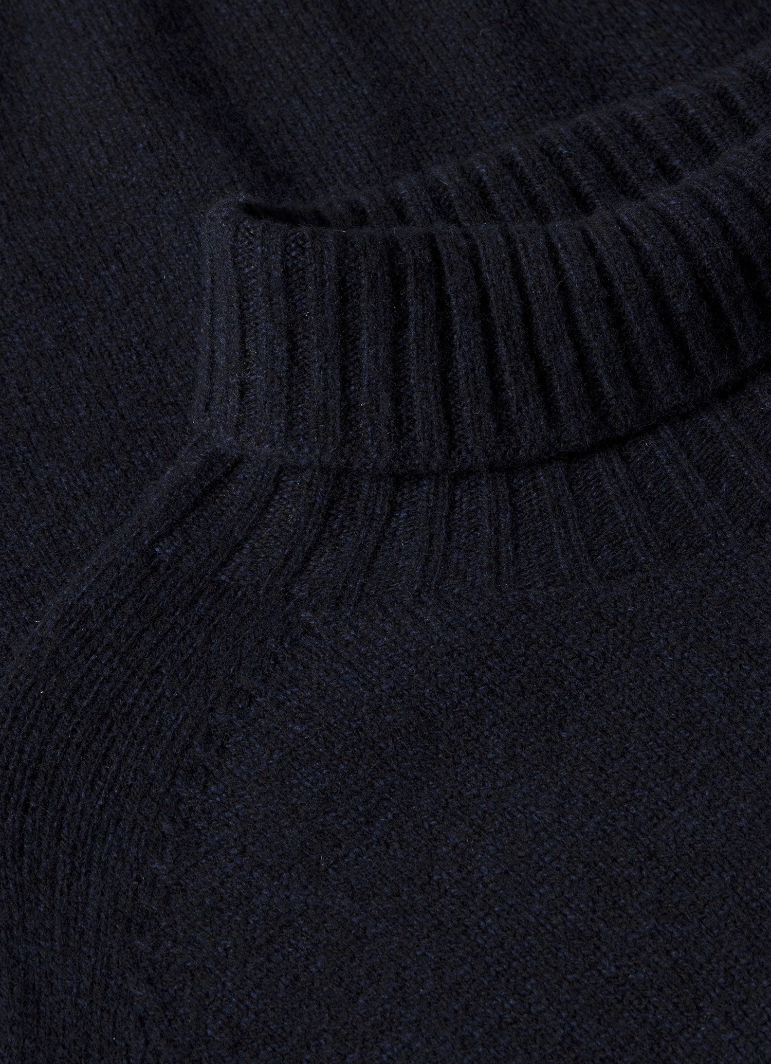 Men's Lambswool Roll Neck in Dark Navy Mouline Reflective Yarn Accent Polished Edge