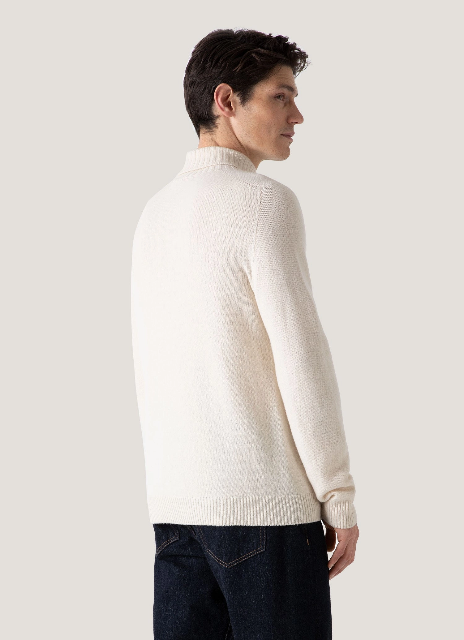 Layered Knit Structure Breathable mesh panel Men's Lambswool Roll Neck in Ecru