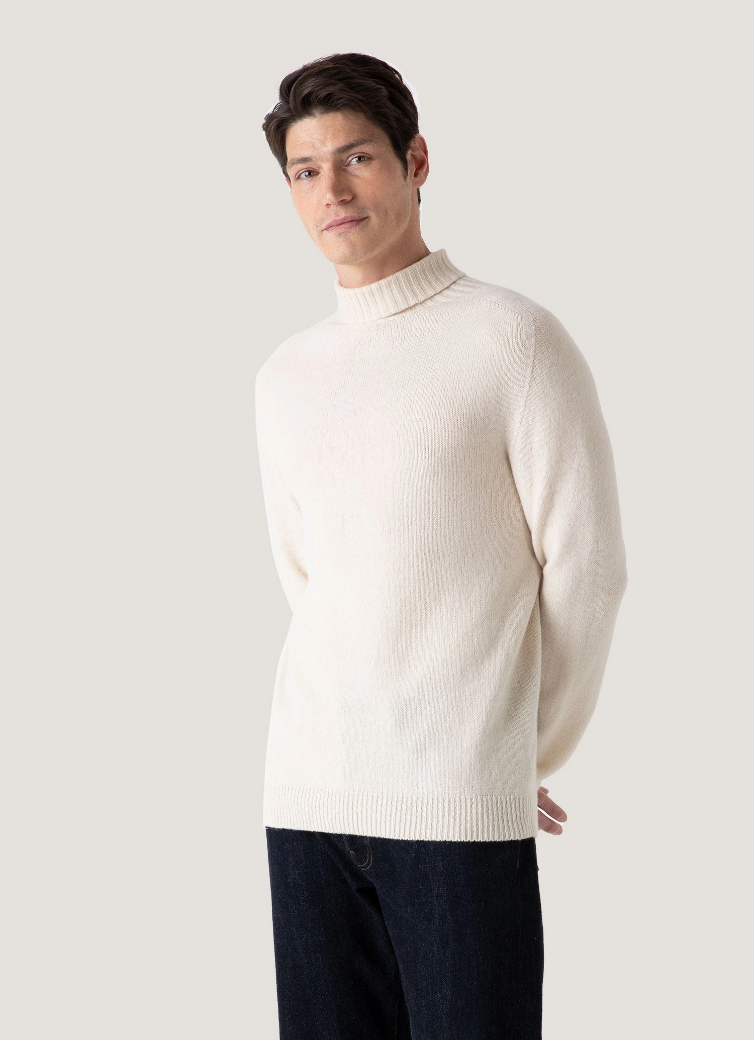 Stylish Staple Quick Dry Integration Men's Lambswool Roll Neck in Ecru