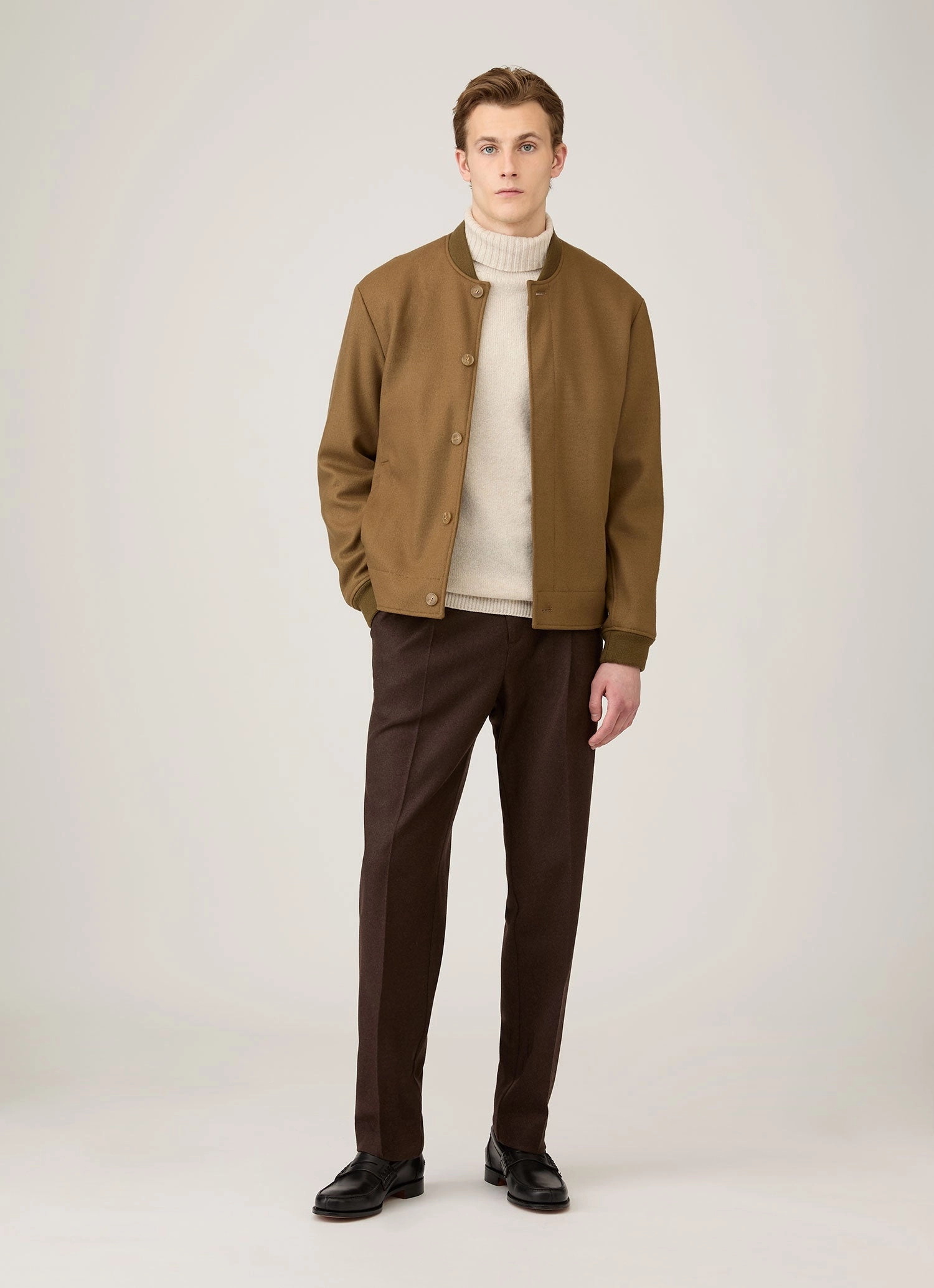 Lounge Vibe Ribbed Hem Detail Men's Lambswool Roll Neck in Oatmeal Melange